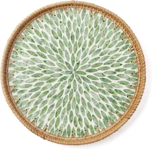 Round Rattan Tray with Mother of Pearl Inlay, Decorative Wicker Serving Tray with Wooden Base, Woven Basket Trays for Bread Fruits Coffee, Leaf