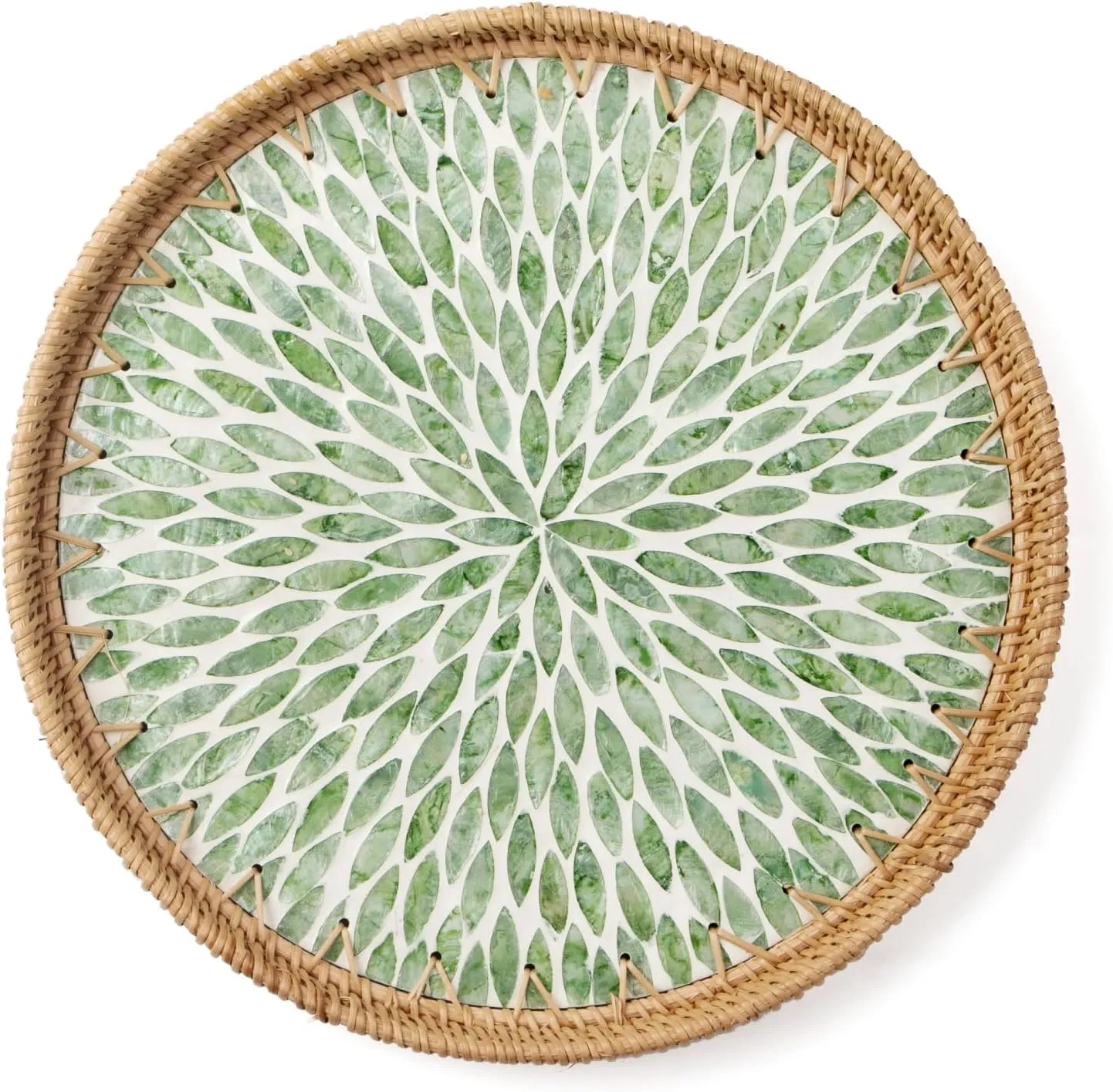 Round Rattan Tray with Mother of Pearl Inlay, Decorative Wicker Serving Tray with Wooden Base, Woven Basket Trays for Bread Fruits Coffee, Leaf