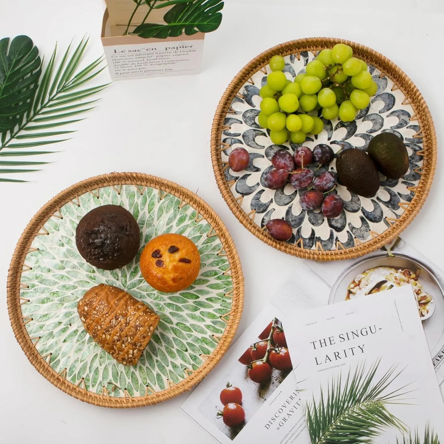 Round Rattan Tray with Mother of Pearl Inlay, Decorative Wicker Serving Tray with Wooden Base, Woven Basket Trays for Bread Fruits Coffee, Leaf