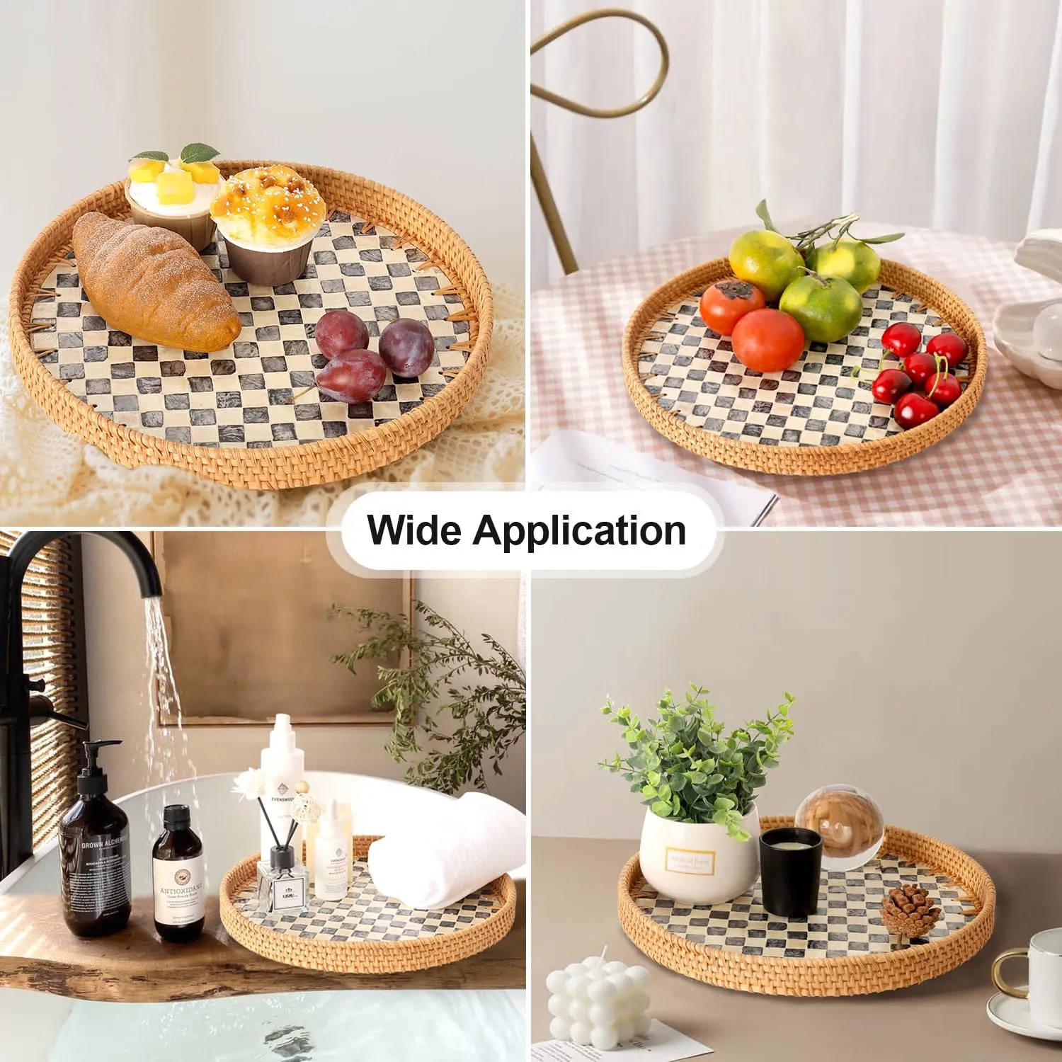 Round Rattan Tray with Mother of Pearl Inlay, Rattan Serving Tray for Coffee, Bread, Fruits, Decorative Wicker Tray for Table Decor, Home Decor, Kitchen Island Decor(Black Checkerboard, 11.8")