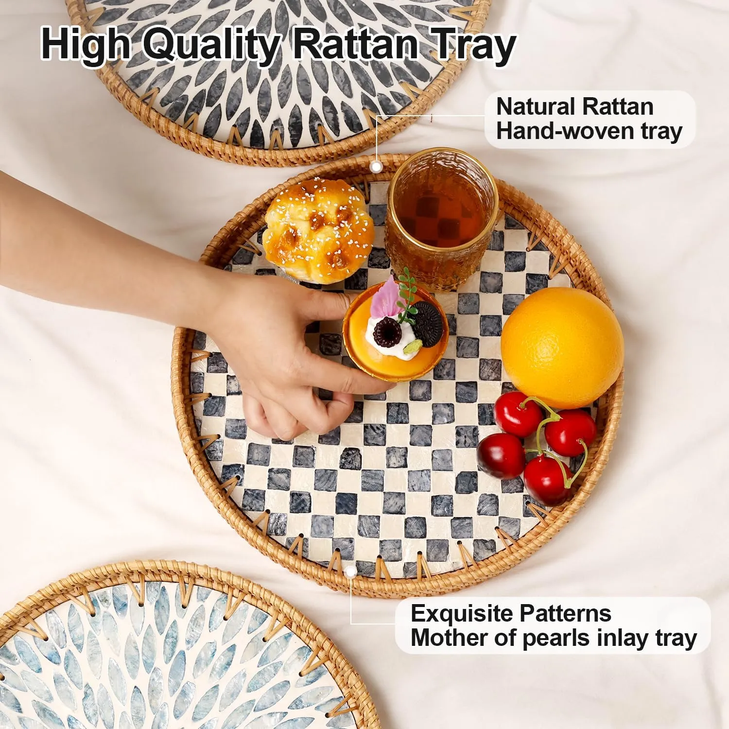 Round Rattan Tray with Mother of Pearl Inlay, Rattan Serving Tray for Coffee, Bread, Fruits, Decorative Wicker Tray for Table Decor, Home Decor, Kitchen Island Decor(Black Checkerboard, 11.8")