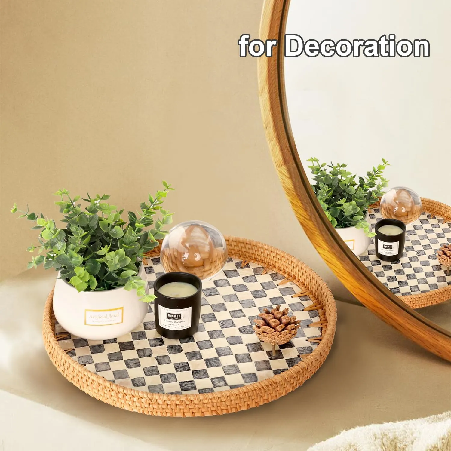 Round Rattan Tray with Mother of Pearl Inlay, Rattan Serving Tray for Coffee, Bread, Fruits, Decorative Wicker Tray for Table Decor, Home Decor, Kitchen Island Decor(Black Checkerboard, 11.8")