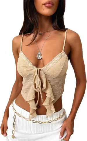 RUEWEY Women's Summer Tie Up Camisole Tops Lace Sleeveless V Neck Irregular Ruffle Bustier Tops Crop Tops