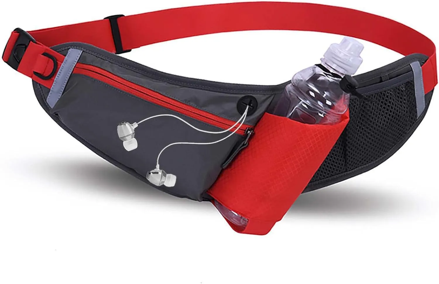 Running Belt Hydration Waist Pack with Water Bottle Holder Reflective Adjustable Sport Fanny Belt Portable Running Waist Belt with Zipper Pocket Net Bag for Running Cycling Hiking Outdoor Sport -Red