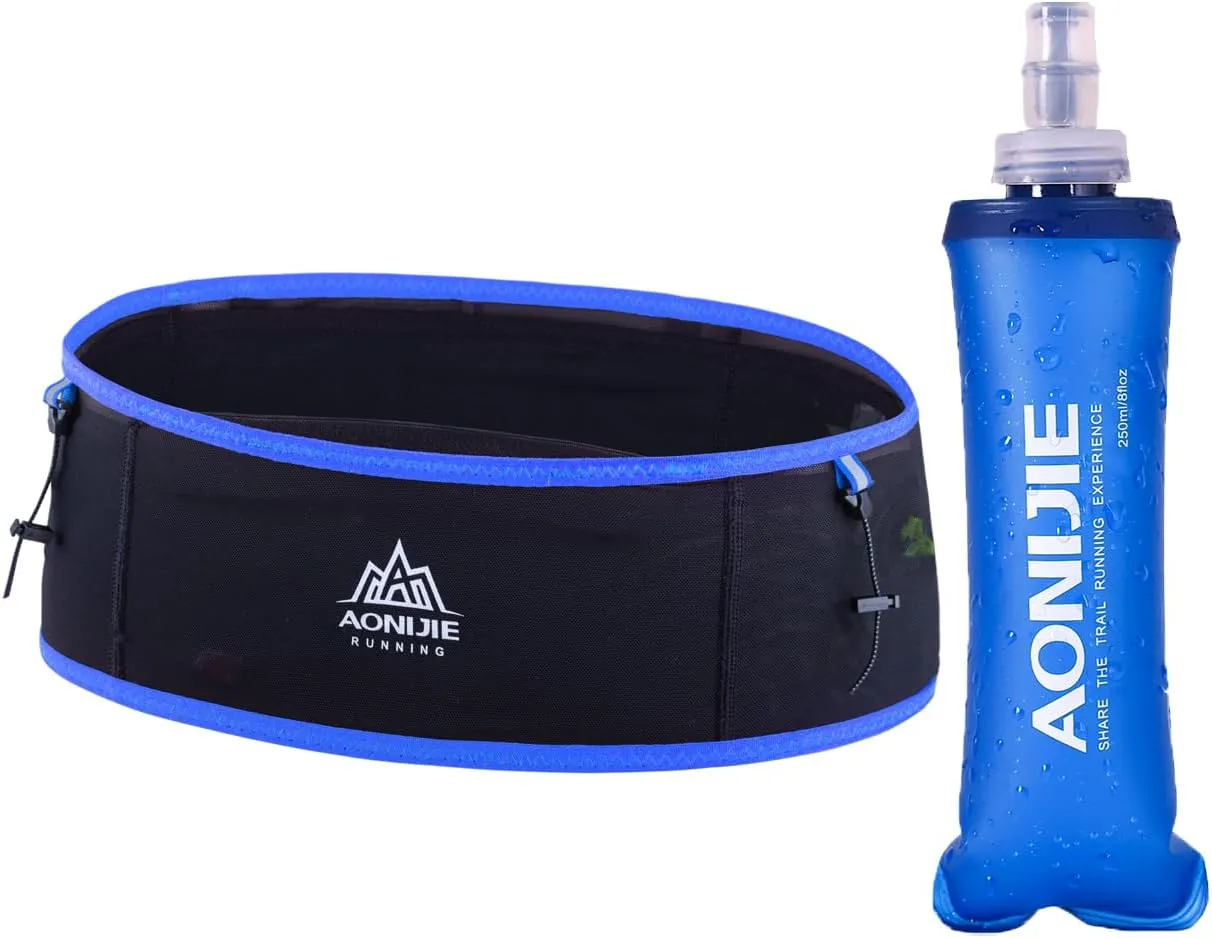 Running Hydration Belt with 250ml Soft Flask for Women and Men, Moisture Wicking Storage Belt for Trailing Running Climbing Jogging Cycling Workout (Black Blue,M/L)