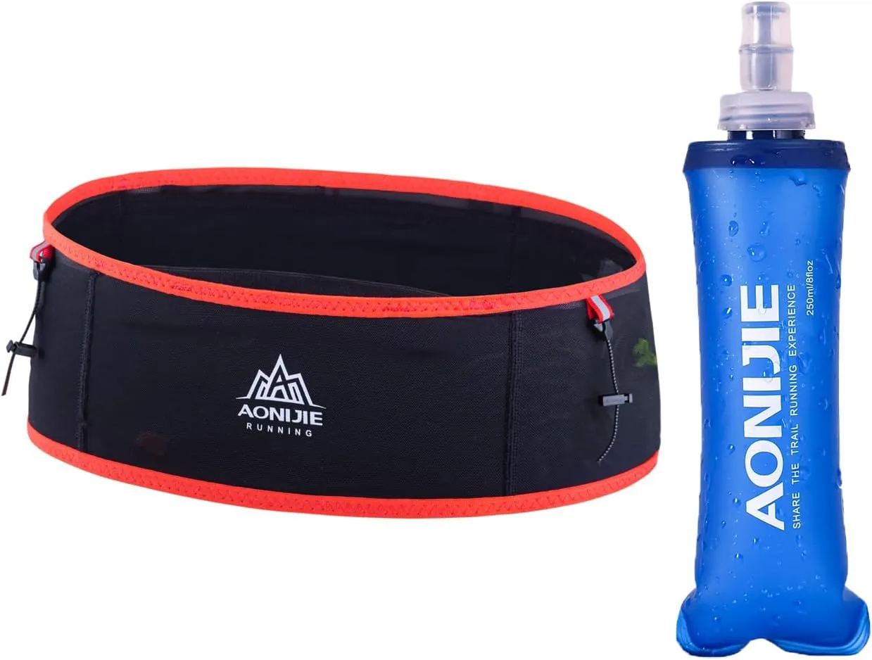 Running Hydration Belt with 250ml Soft Flask for Women and Men, Moisture Wicking Storage Belt for Trailing Running Climbing Jogging Cycling Workout (Black Red,M/L)