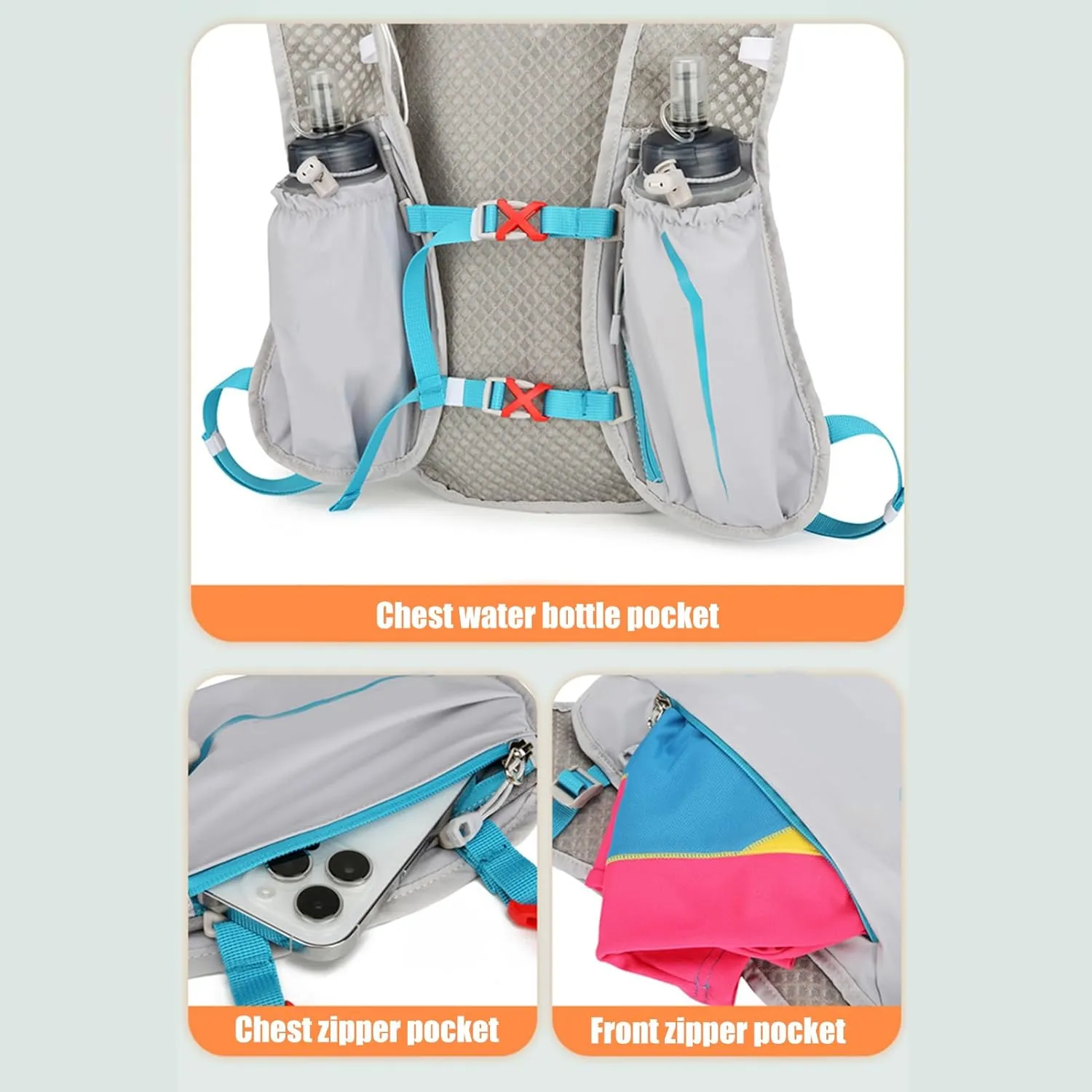 Running Hydration Vest, Water Backpack, Lightweight Outdoor Gear, 36x21x8cm for Reflective Safety Strips, Adjustable Fit, Unisex Trail Running and Hiking