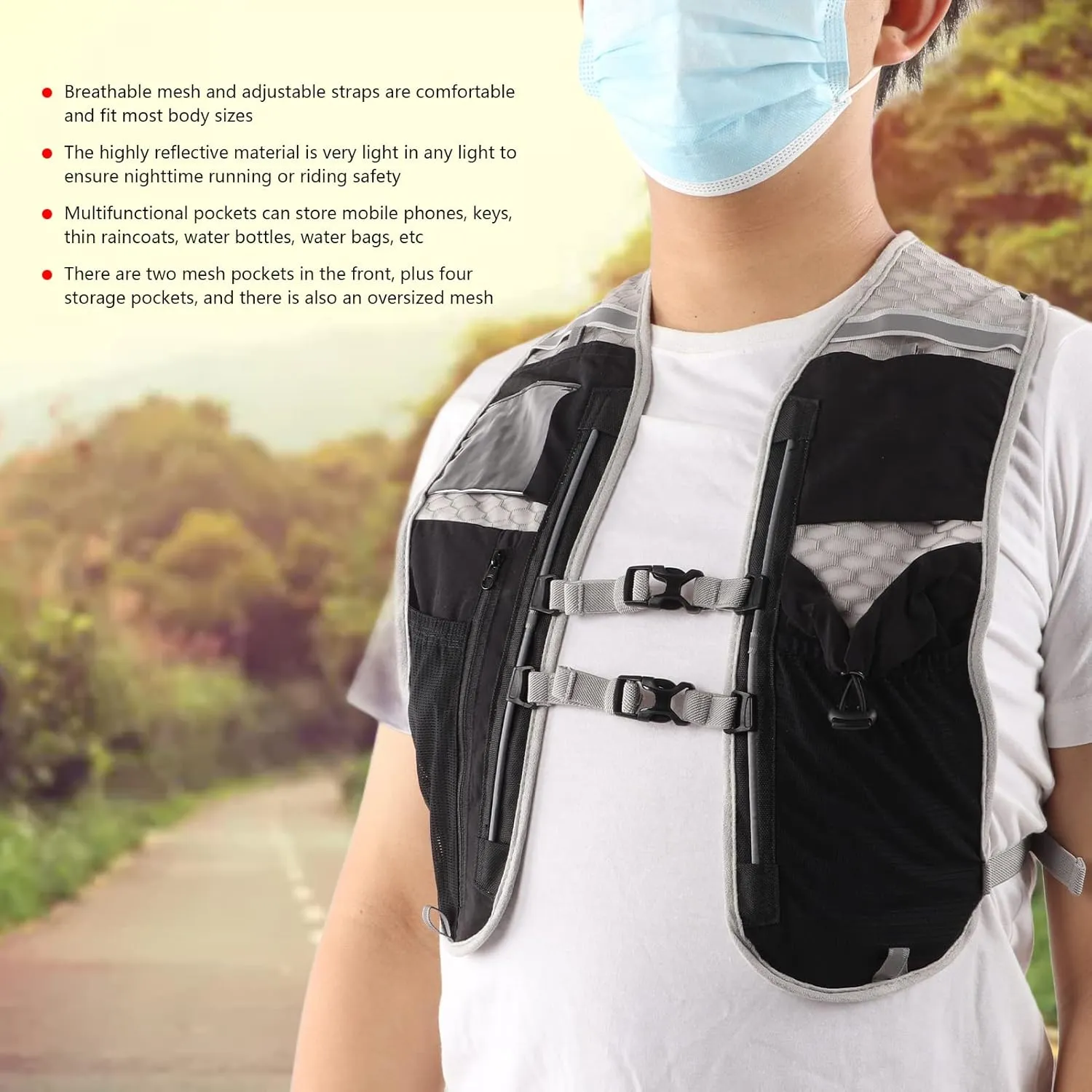 Running Vest, Reflective Vest with Breathable Mesh Adjustable Straps Running Hydration for Women Men Camping Fishing
