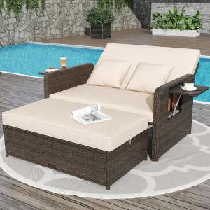 S AFSTAR Outdoor Daybed with Storage Ottoman, Wicker Chaise Lounge Chair with Cushions, Adjustable Backrest & 2 Retractable Trays, Patio Rattan Daybed Loveseat Sofa for Poolside Backyard