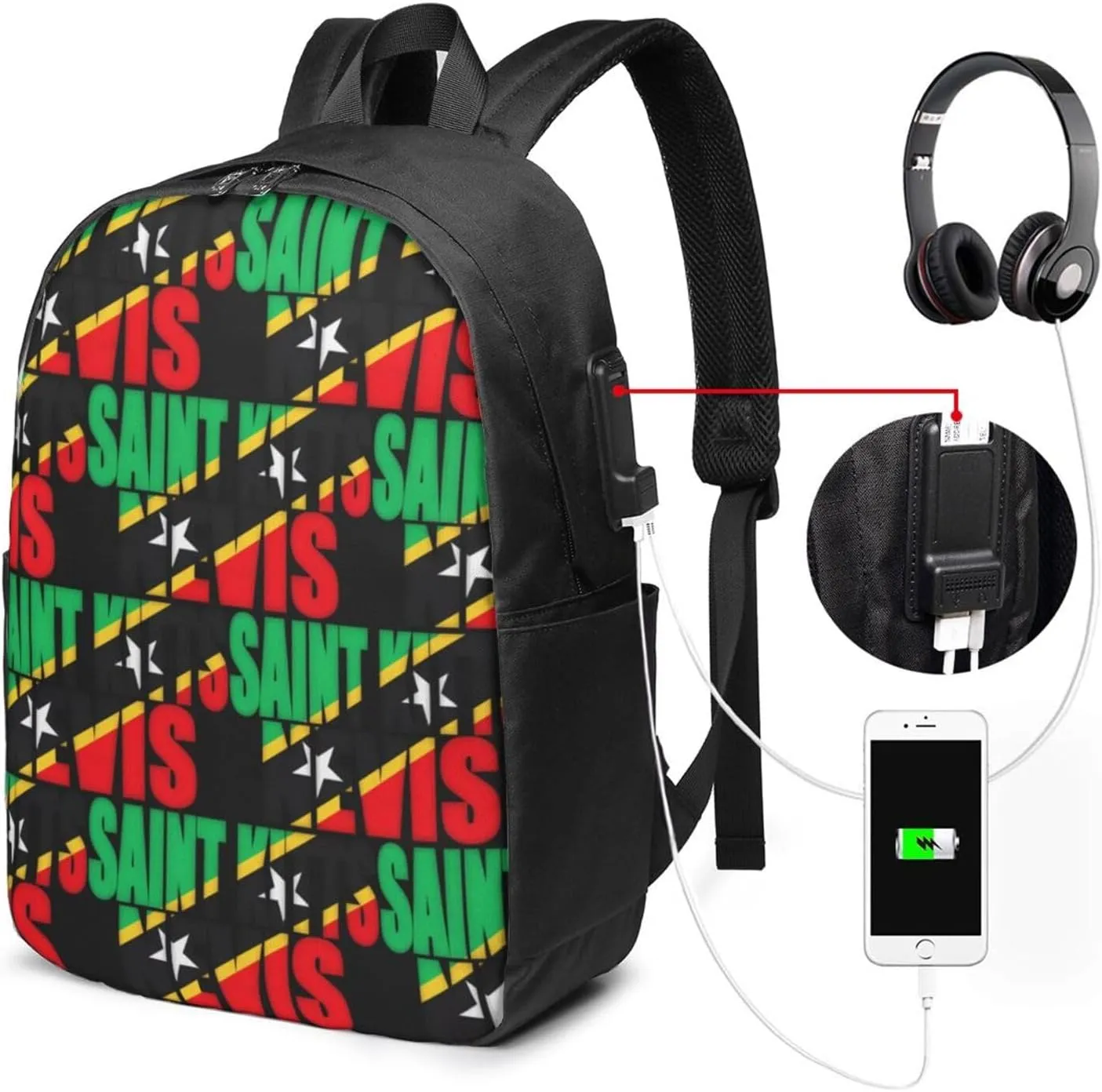 Saint Kitts Nevis Flag Laptop Backpacks Travel Backpack Casual Business Daypack Sport Rucksack Computer Bag Fits up to 17 Inch Notebook with USB Port