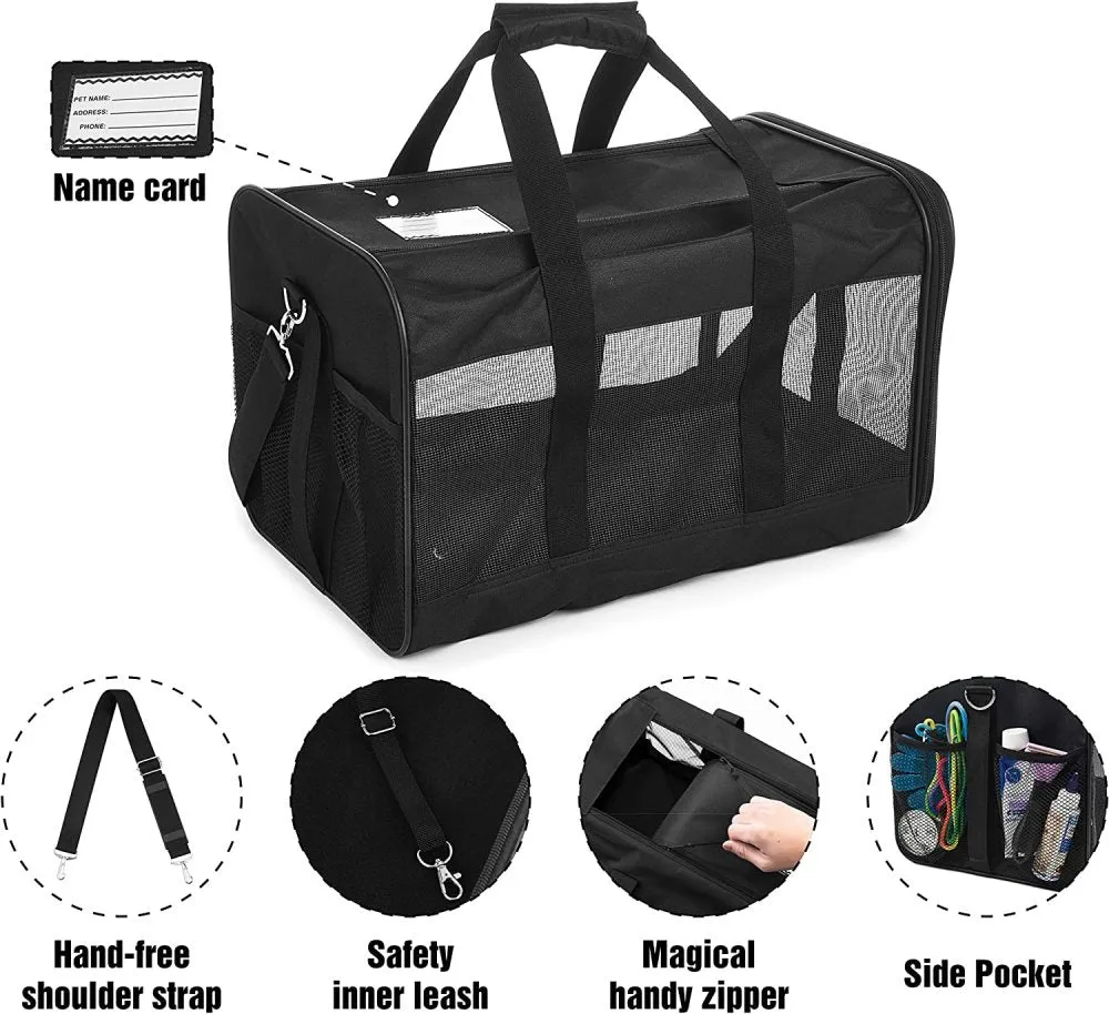ScratchMe Pet Travel Carrier Soft Sided Portable Bag for Cats and Small Dogs, Collapsible, Durable, Airline Approved, Travel Friendly, Carry Your Pet with Safely and Comfortably, Black