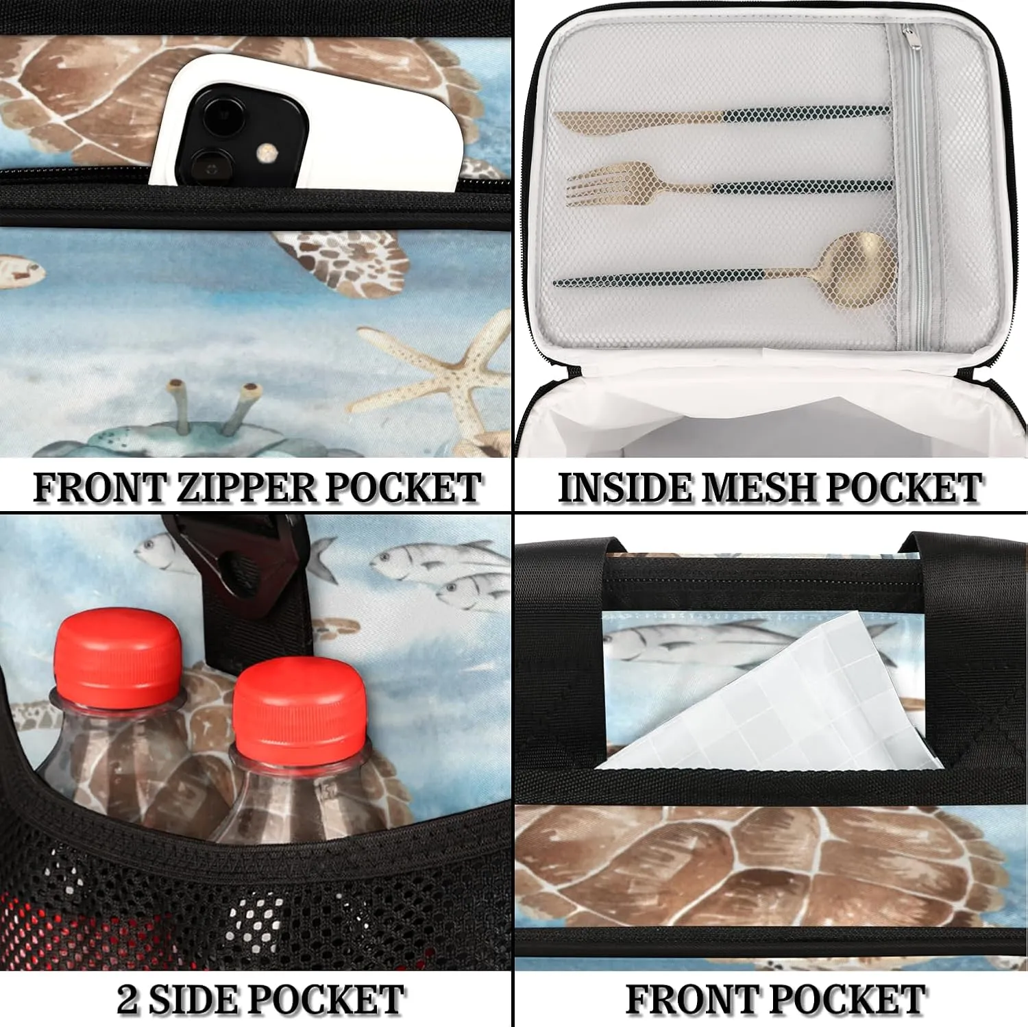 Sea Turtle Algae Fish Starfish Insulated Lunch Bag for Women Men Large Adult Leakproof Lunch Box with Adjustable Shoulder Strap Reusable Cooler Tote Bag for Work Office Picnic Beach