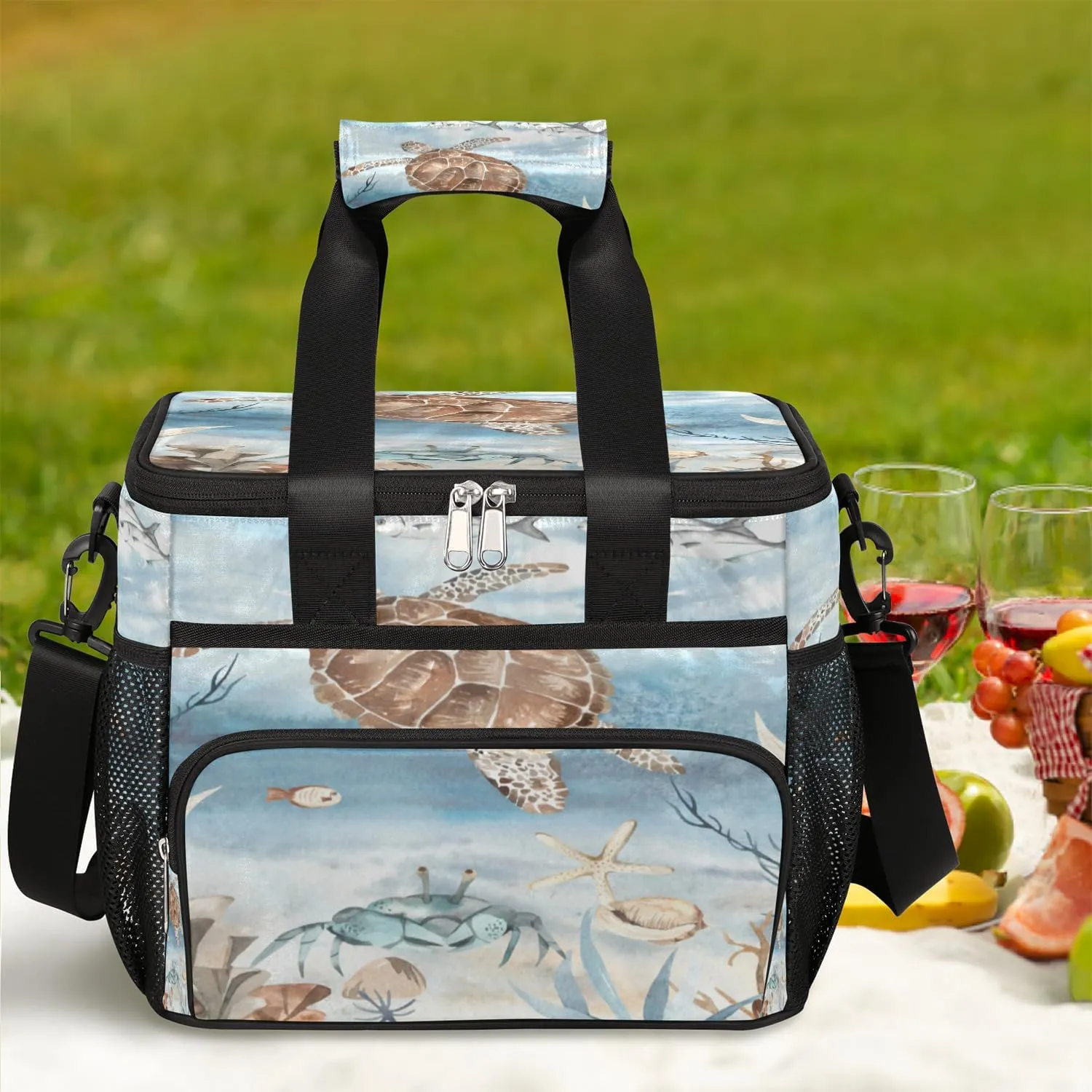 Sea Turtle Algae Fish Starfish Insulated Lunch Bag for Women Men Large Adult Leakproof Lunch Box with Adjustable Shoulder Strap Reusable Cooler Tote Bag for Work Office Picnic Beach