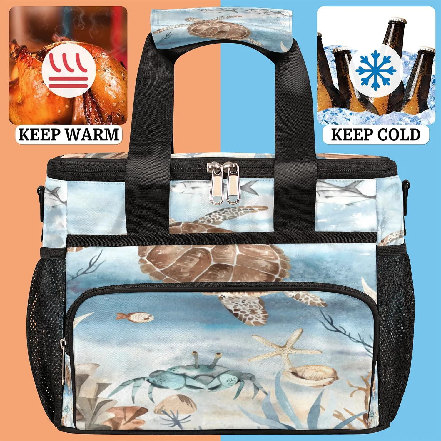 Sea Turtle Algae Fish Starfish Insulated Lunch Bag for Women Men Large Adult Leakproof Lunch Box with Adjustable Shoulder Strap Reusable Cooler Tote Bag for Work Office Picnic Beach