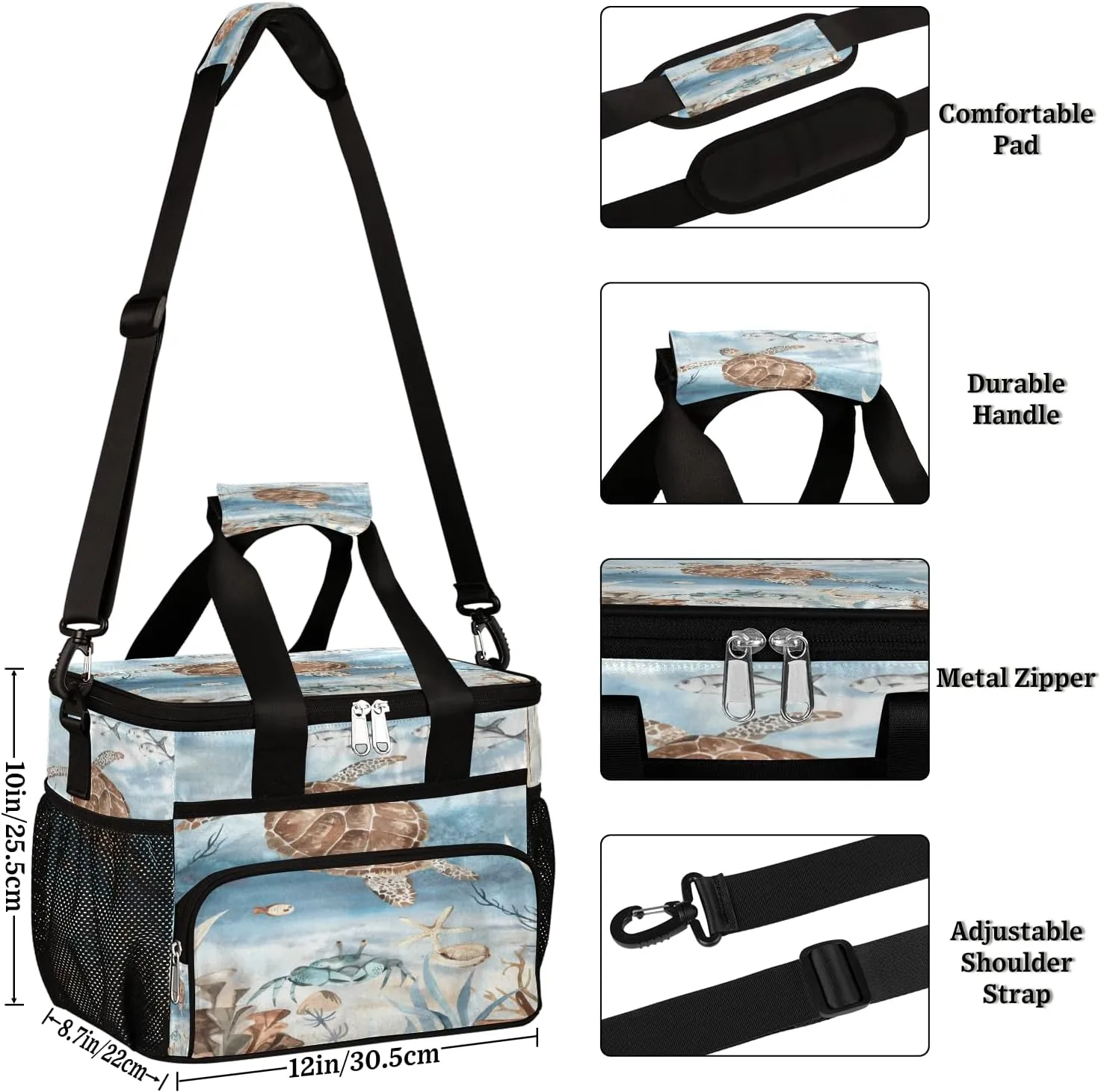 Sea Turtle Algae Fish Starfish Insulated Lunch Bag for Women Men Large Adult Leakproof Lunch Box with Adjustable Shoulder Strap Reusable Cooler Tote Bag for Work Office Picnic Beach
