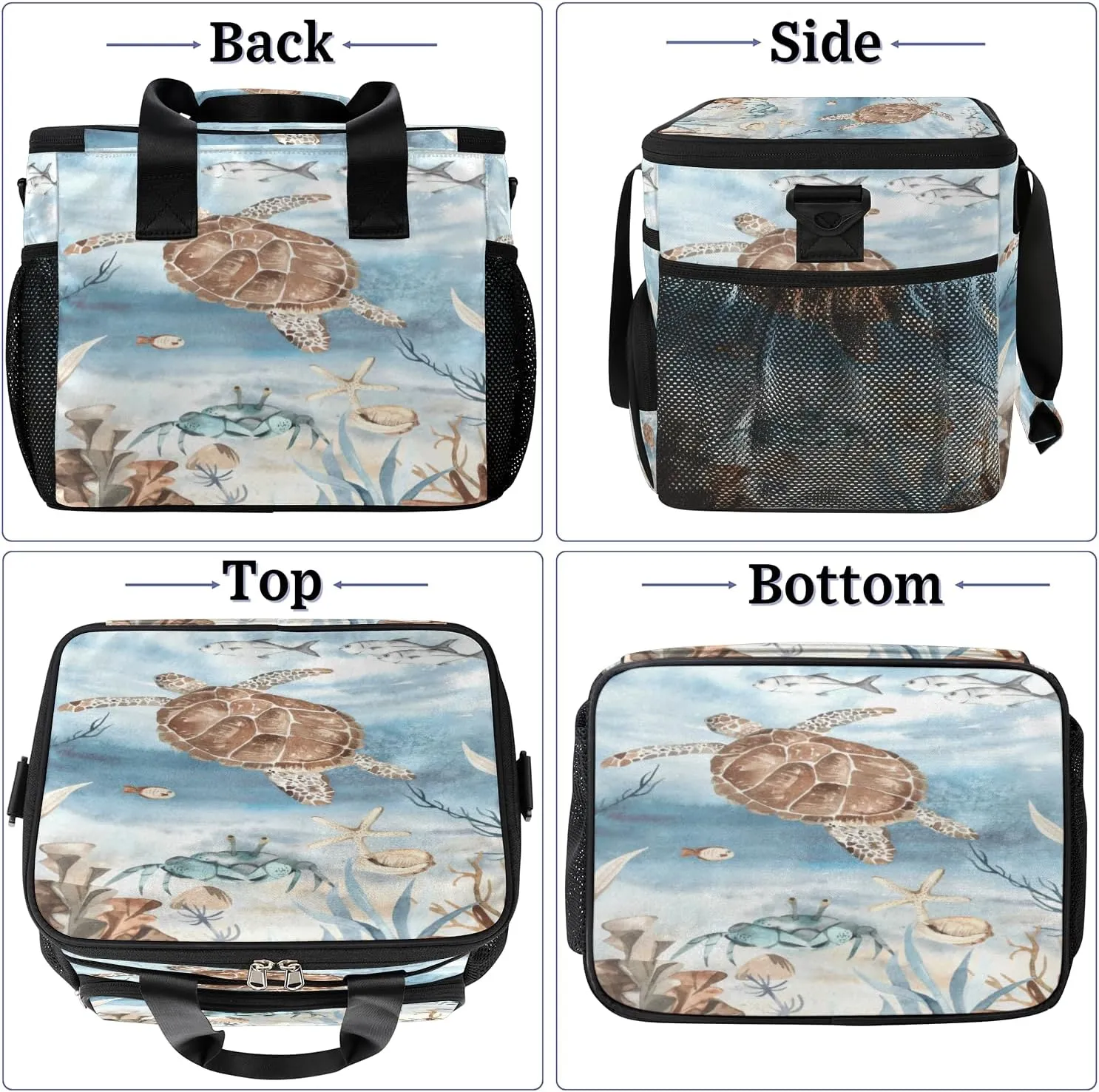 Sea Turtle Algae Fish Starfish Insulated Lunch Bag for Women Men Large Adult Leakproof Lunch Box with Adjustable Shoulder Strap Reusable Cooler Tote Bag for Work Office Picnic Beach