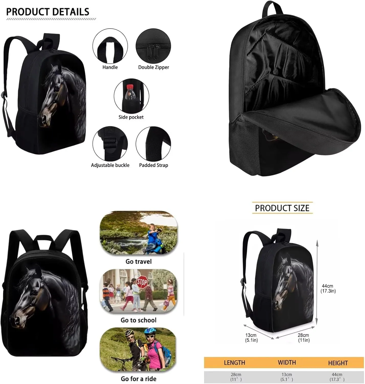 SEANATIVE Black Horse Girls Boys Softy Laptop Backpack Set of 3, Portable Shoulder Book Bag, Stationary Pencil Case for School, Outdoor Travel Lunch Bag for 1St Grade to 3rd Grade