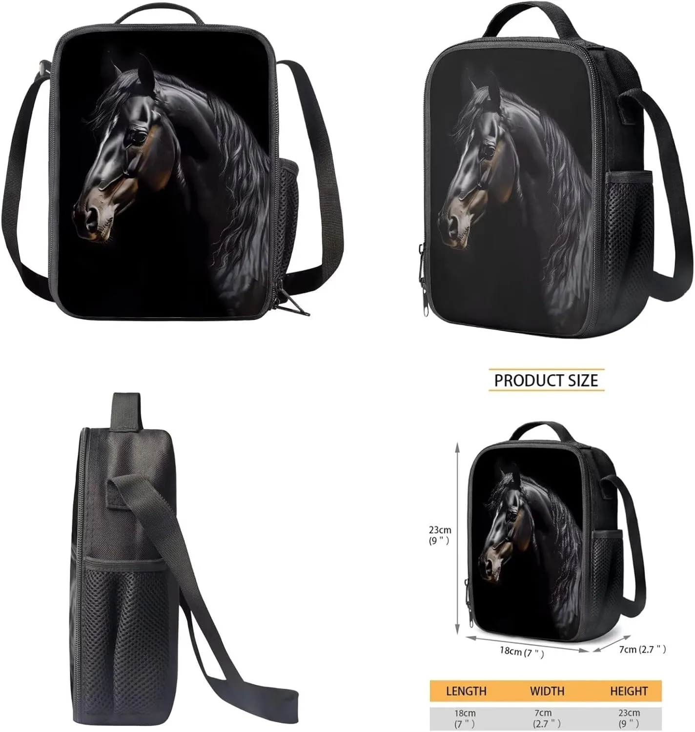 SEANATIVE Black Horse Girls Boys Softy Laptop Backpack Set of 3, Portable Shoulder Book Bag, Stationary Pencil Case for School, Outdoor Travel Lunch Bag for 1St Grade to 3rd Grade