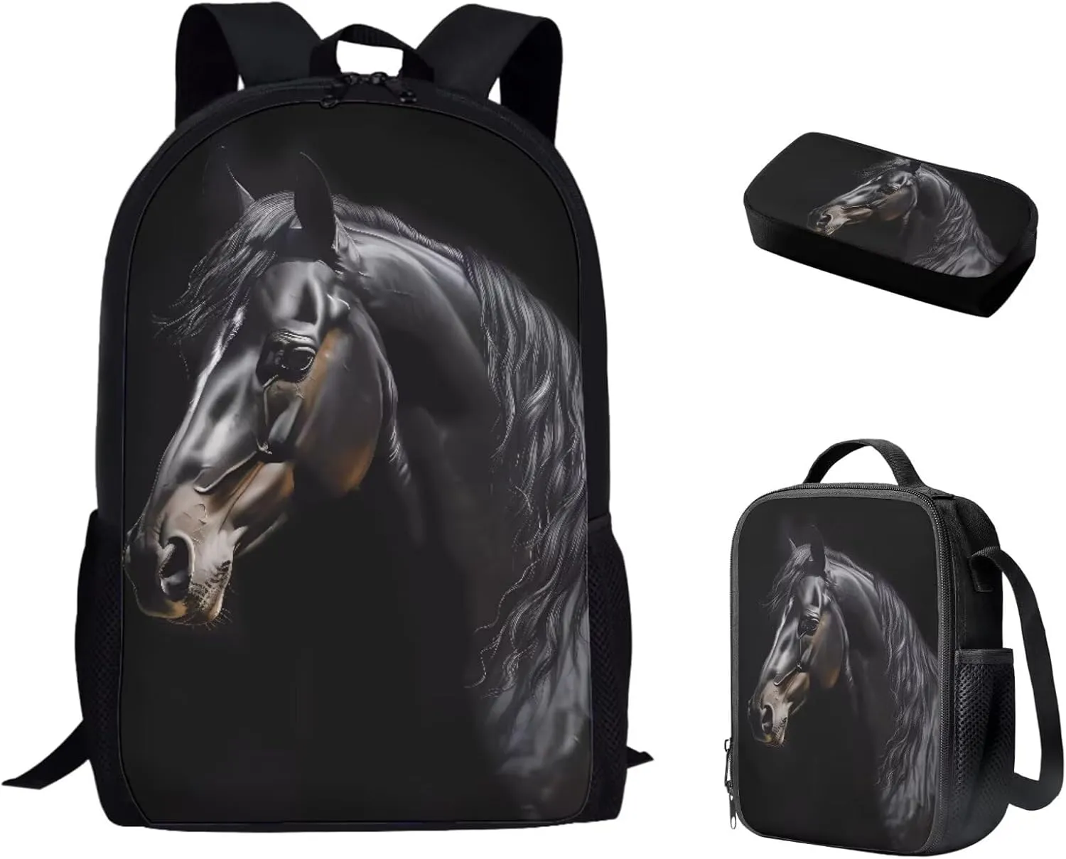 SEANATIVE Black Horse Girls Boys Softy Laptop Backpack Set of 3, Portable Shoulder Book Bag, Stationary Pencil Case for School, Outdoor Travel Lunch Bag for 1St Grade to 3rd Grade