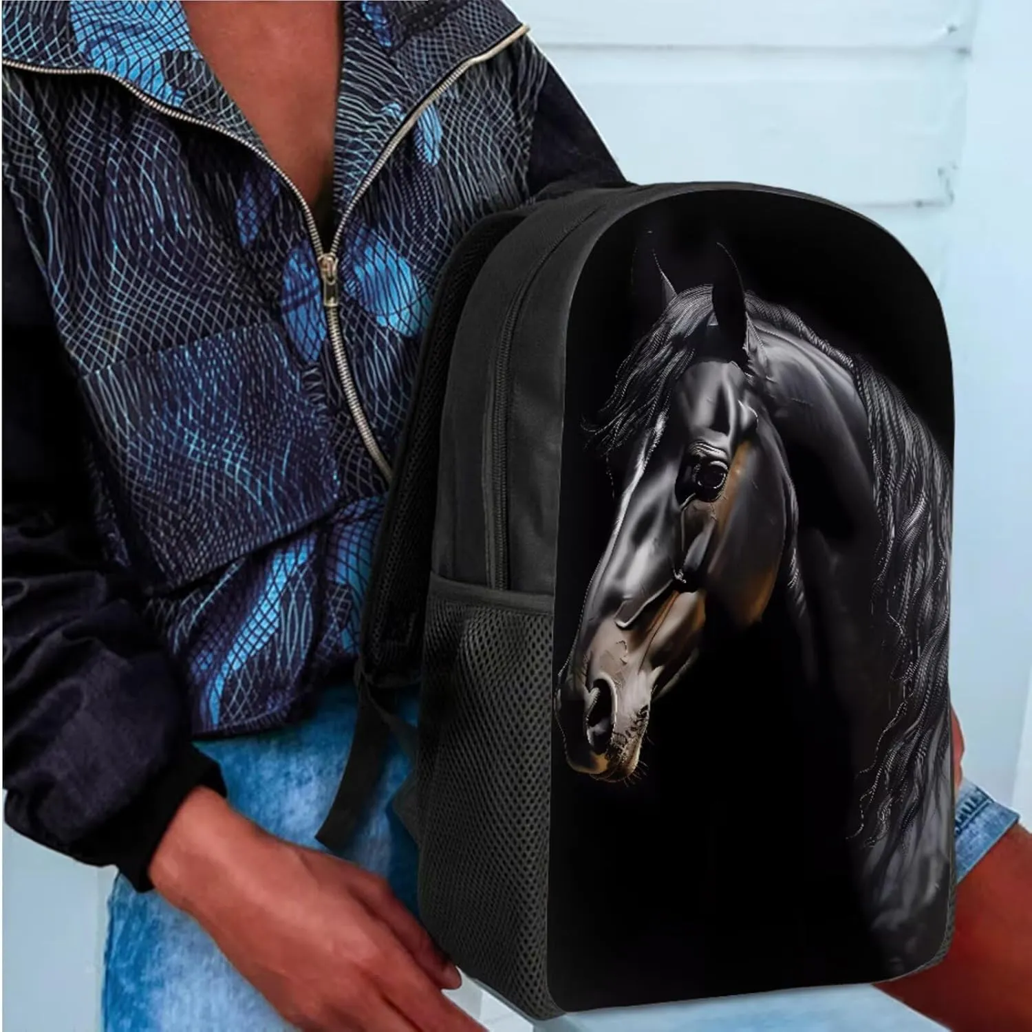 SEANATIVE Black Horse Girls Boys Softy Laptop Backpack Set of 3, Portable Shoulder Book Bag, Stationary Pencil Case for School, Outdoor Travel Lunch Bag for 1St Grade to 3rd Grade