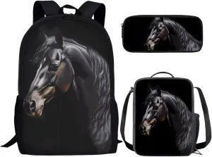 SEANATIVE Black Horse Girls Boys Softy Laptop Backpack Set of 3, Portable Shoulder Book Bag, Stationary Pencil Case for School, Outdoor Travel Lunch Bag for 1St Grade to 3rd Grade