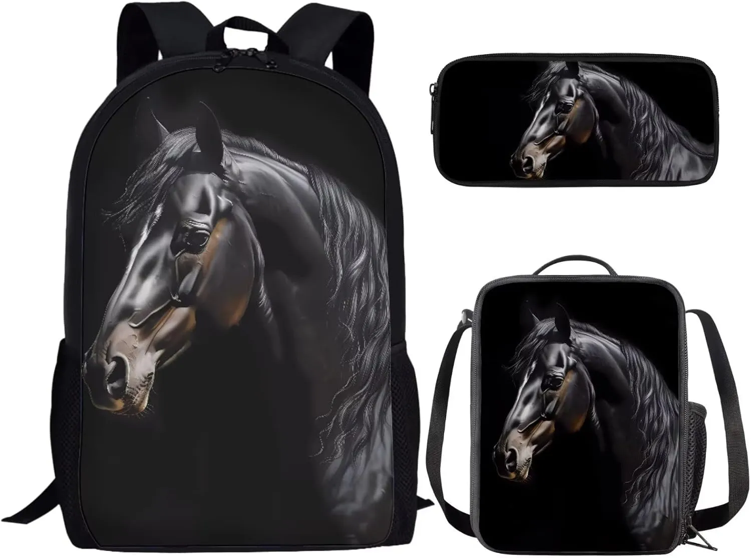 SEANATIVE Black Horse Girls Boys Softy Laptop Backpack Set of 3, Portable Shoulder Book Bag, Stationary Pencil Case for School, Outdoor Travel Lunch Bag for 1St Grade to 3rd Grade