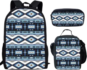 SEANATIVE Geometric Print School Backpack Set Aztec Tribal Blue Print Shoulder Bag for Middle School Girls Boys with Lunch Box