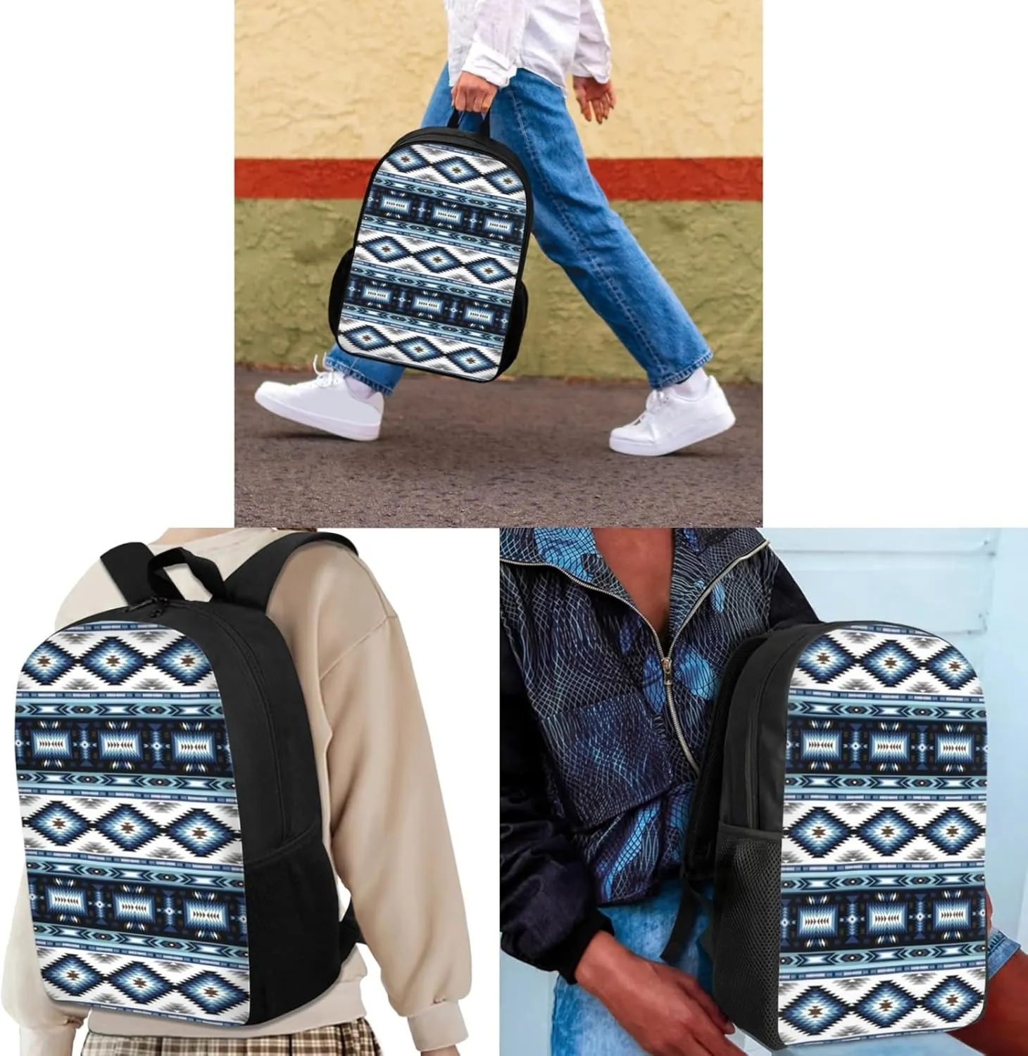 SEANATIVE Geometric Print School Backpack Set Aztec Tribal Blue Print Shoulder Bag for Middle School Girls Boys with Lunch Box