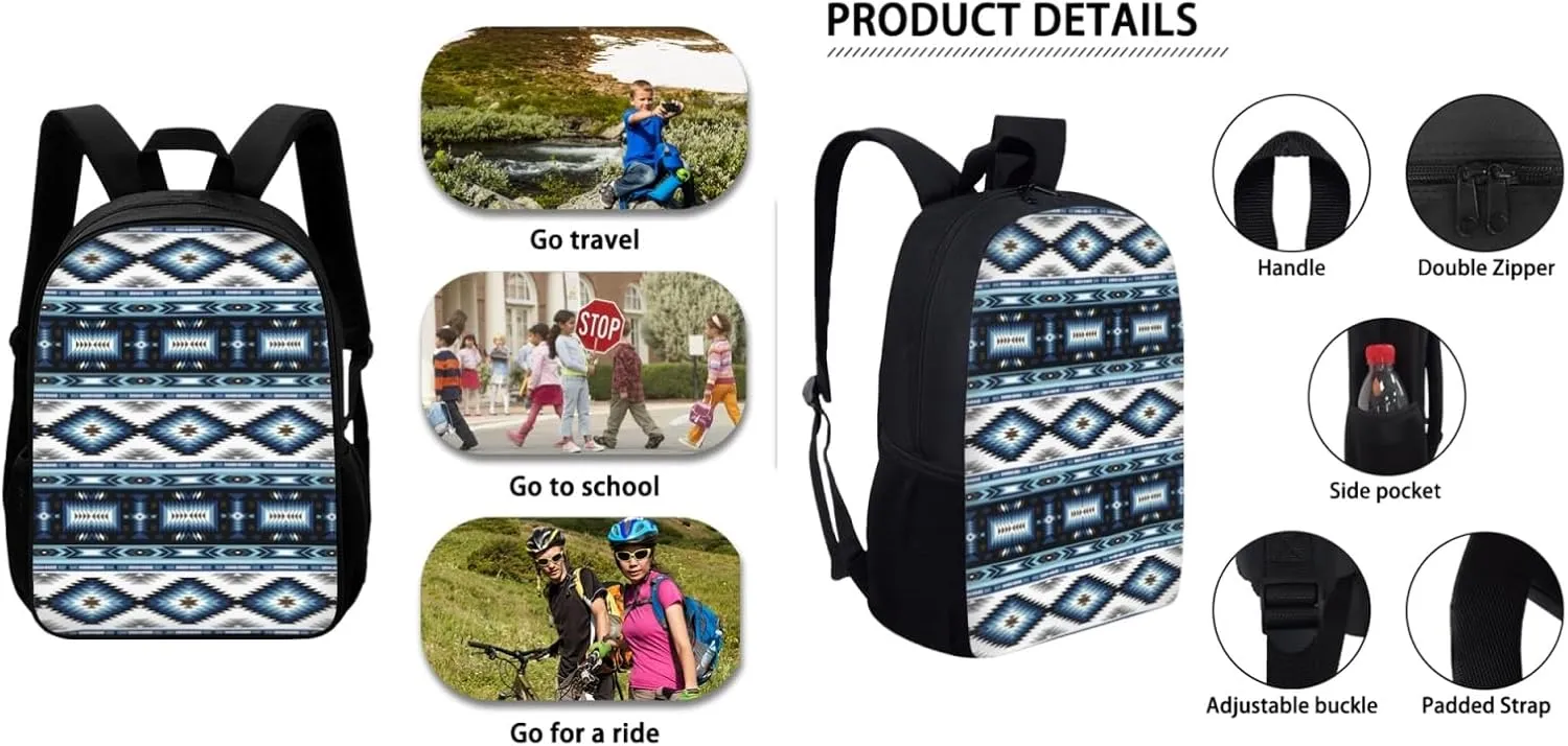 SEANATIVE Geometric Print School Backpack Set Aztec Tribal Blue Print Shoulder Bag for Middle School Girls Boys with Lunch Box
