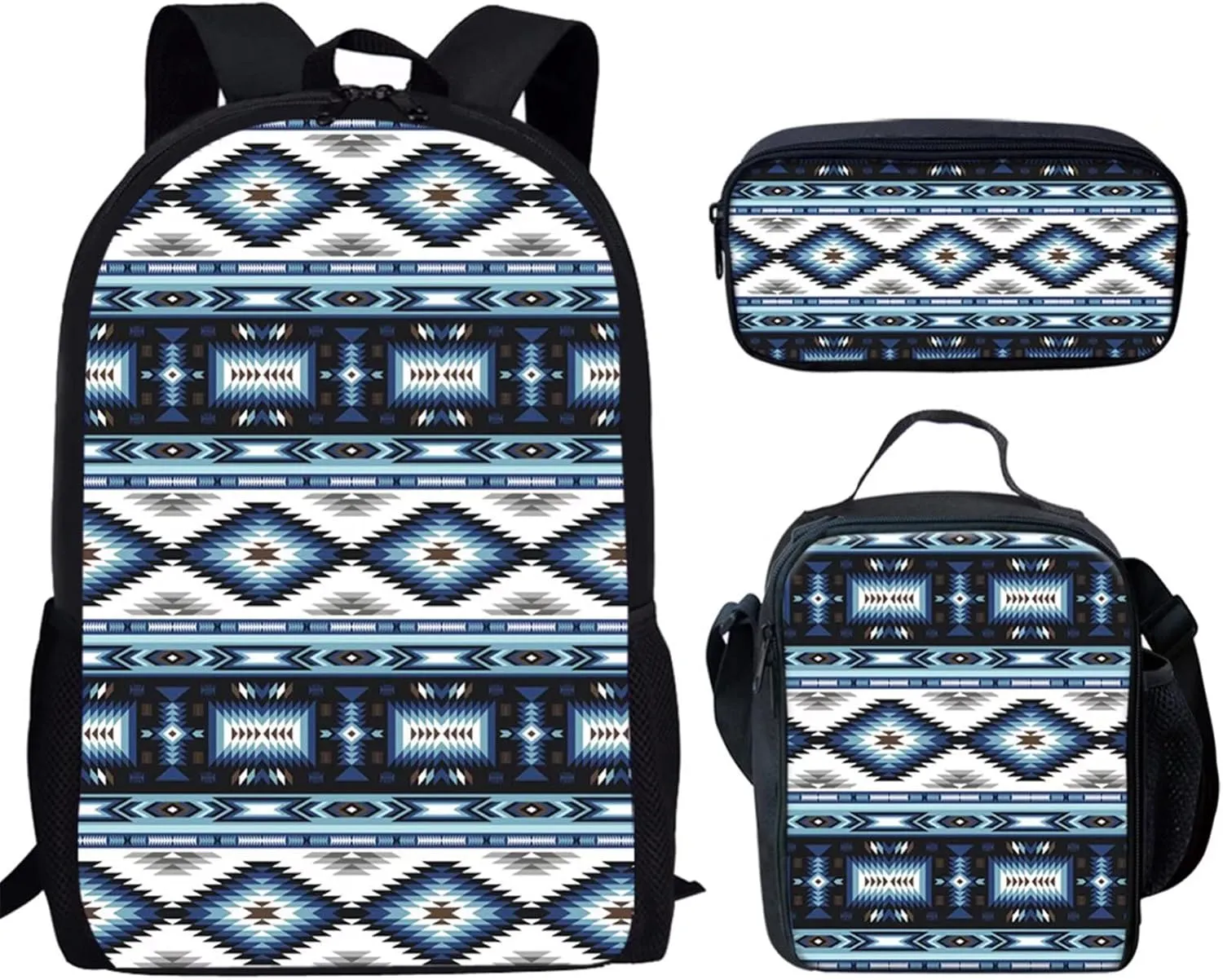 SEANATIVE Geometric Print School Backpack Set Aztec Tribal Blue Print Shoulder Bag for Middle School Girls Boys with Lunch Box