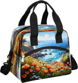 Seashores Poppies Field Insulated Lunch Bag for Women Men Reusable Waterproof Lunch Box Cooler Tote Bag One shoulder portable meal bag Portable Adult Lunchbox for Work Picnic Hiking Beach