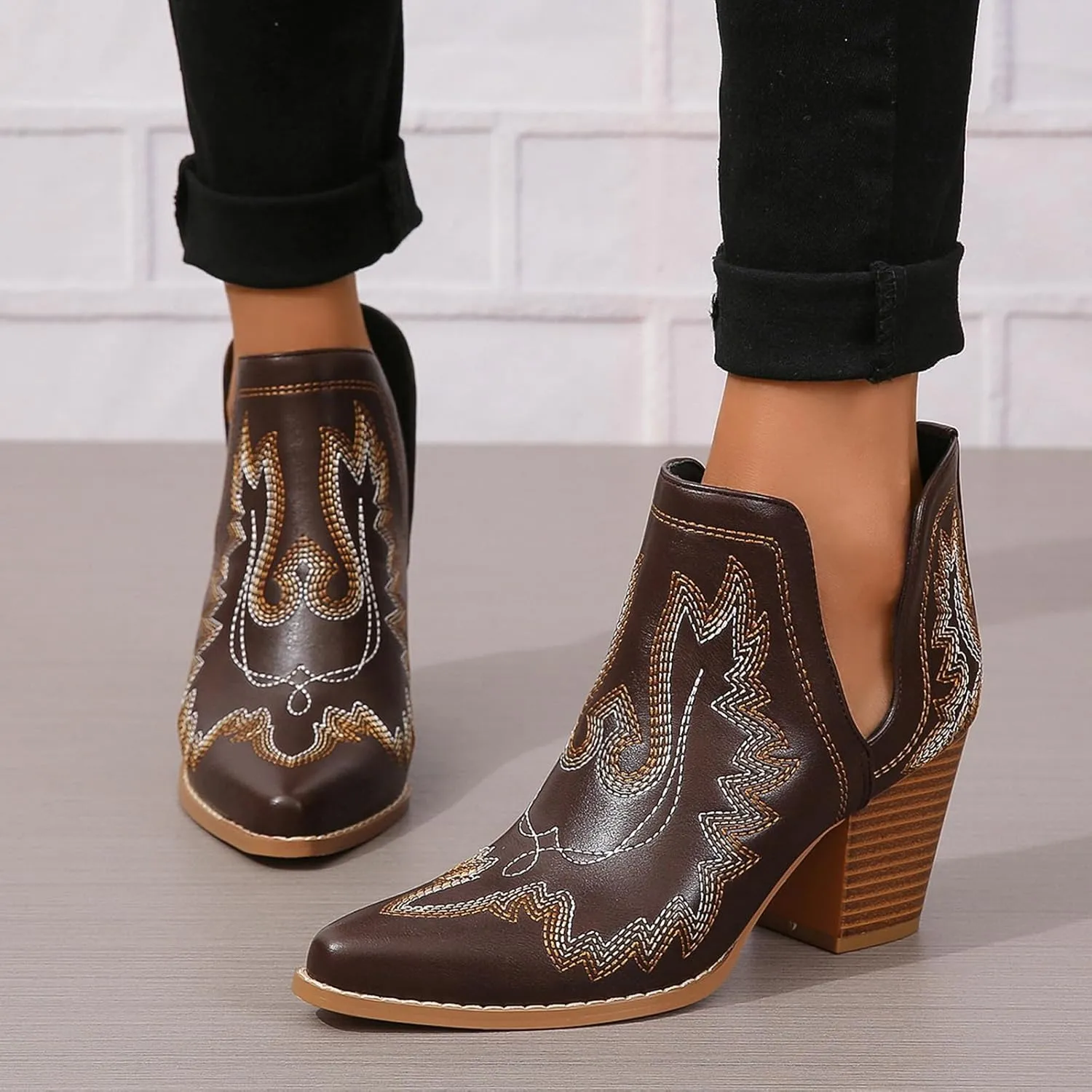 SelRoys Cowboy Boots for Women Cowgirl Ankle Western Embroidered Stitched Pointed Toe Cutout Chunky Heels Short Booties Red Brown Black US5-11