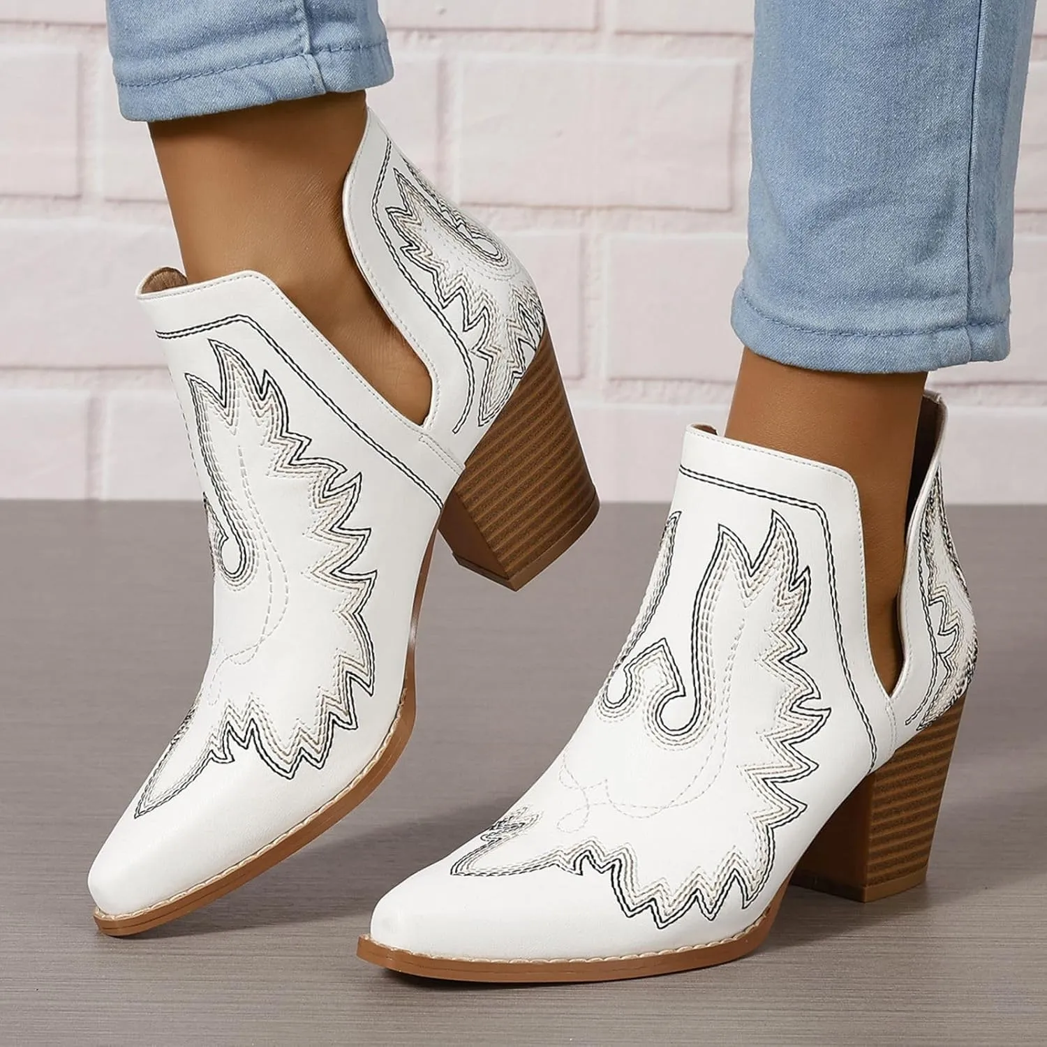 SelRoys Cowboy Boots for Women Cowgirl Ankle Western Embroidered Stitched Pointed Toe Cutout Chunky Heels Short Booties Red Brown Black US5-11