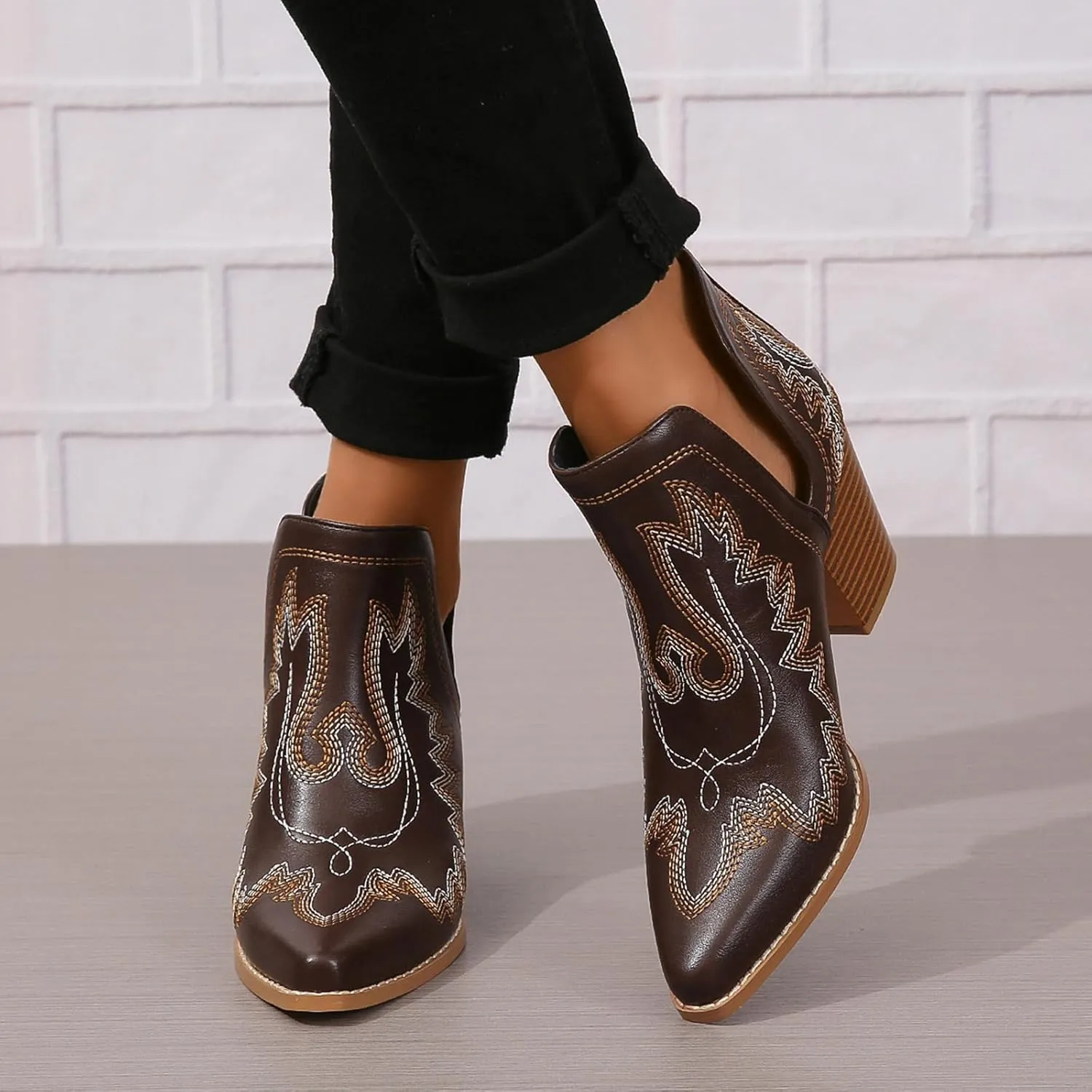 SelRoys Cowboy Boots for Women Cowgirl Ankle Western Embroidered Stitched Pointed Toe Cutout Chunky Heels Short Booties Red Brown Black US5-11