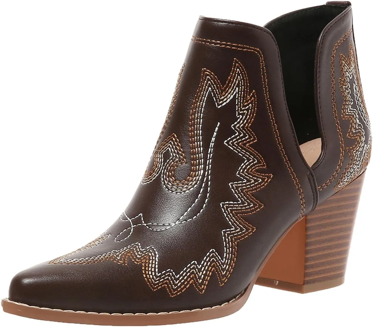 SelRoys Cowboy Boots for Women Cowgirl Ankle Western Embroidered Stitched Pointed Toe Cutout Chunky Heels Short Booties Red Brown Black US5-11