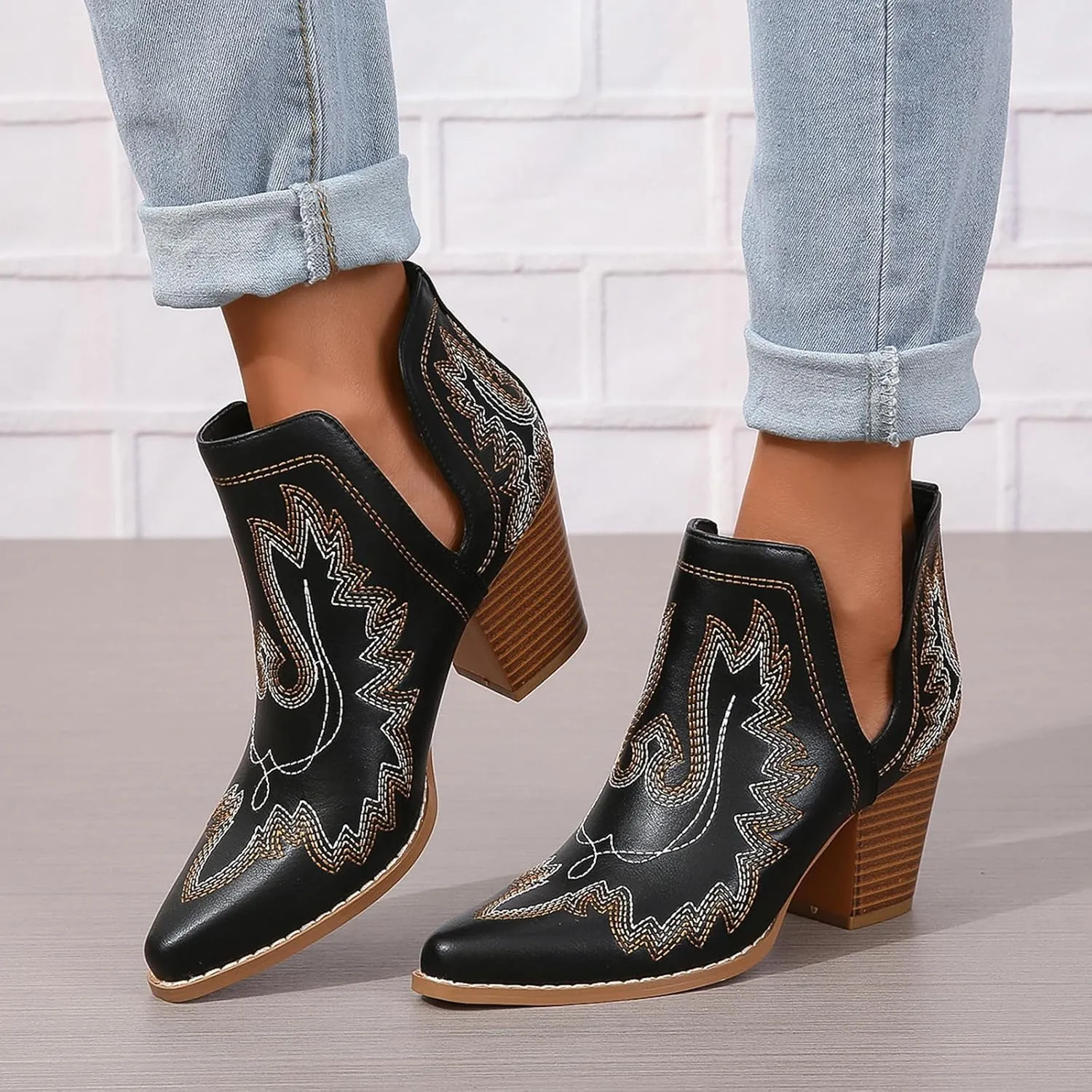 SelRoys Cowboy Boots for Women Cowgirl Ankle Western Embroidered Stitched Pointed Toe Cutout Chunky Heels Short Booties Red Brown Black US5-11