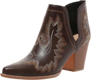 SelRoys Cowboy Boots for Women Cowgirl Ankle Western Embroidered Stitched Pointed Toe Cutout Chunky Heels Short Booties Red Brown Black US5-11