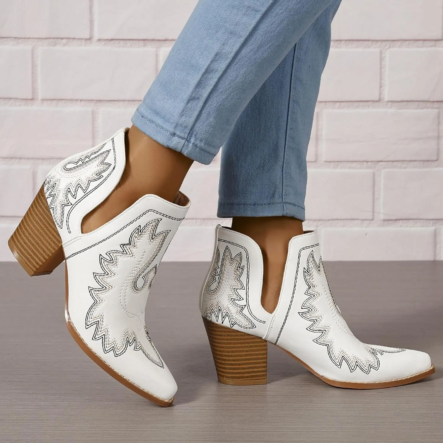 SelRoys Cowboy Boots for Women Cowgirl Ankle Western Embroidered Stitched Pointed Toe Cutout Chunky Heels Short Booties Red Brown Black US5-11