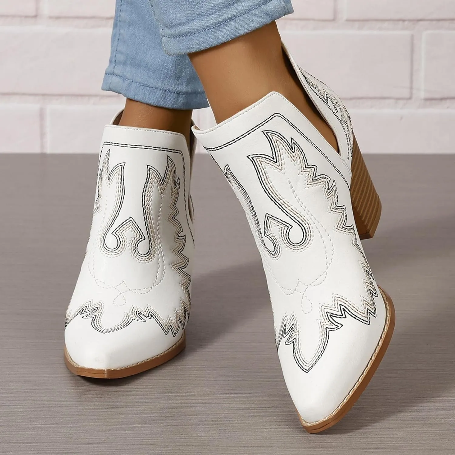 SelRoys Cowboy Boots for Women Cowgirl Ankle Western Embroidered Stitched Pointed Toe Cutout Chunky Heels Short Booties Red Brown Black US5-11
