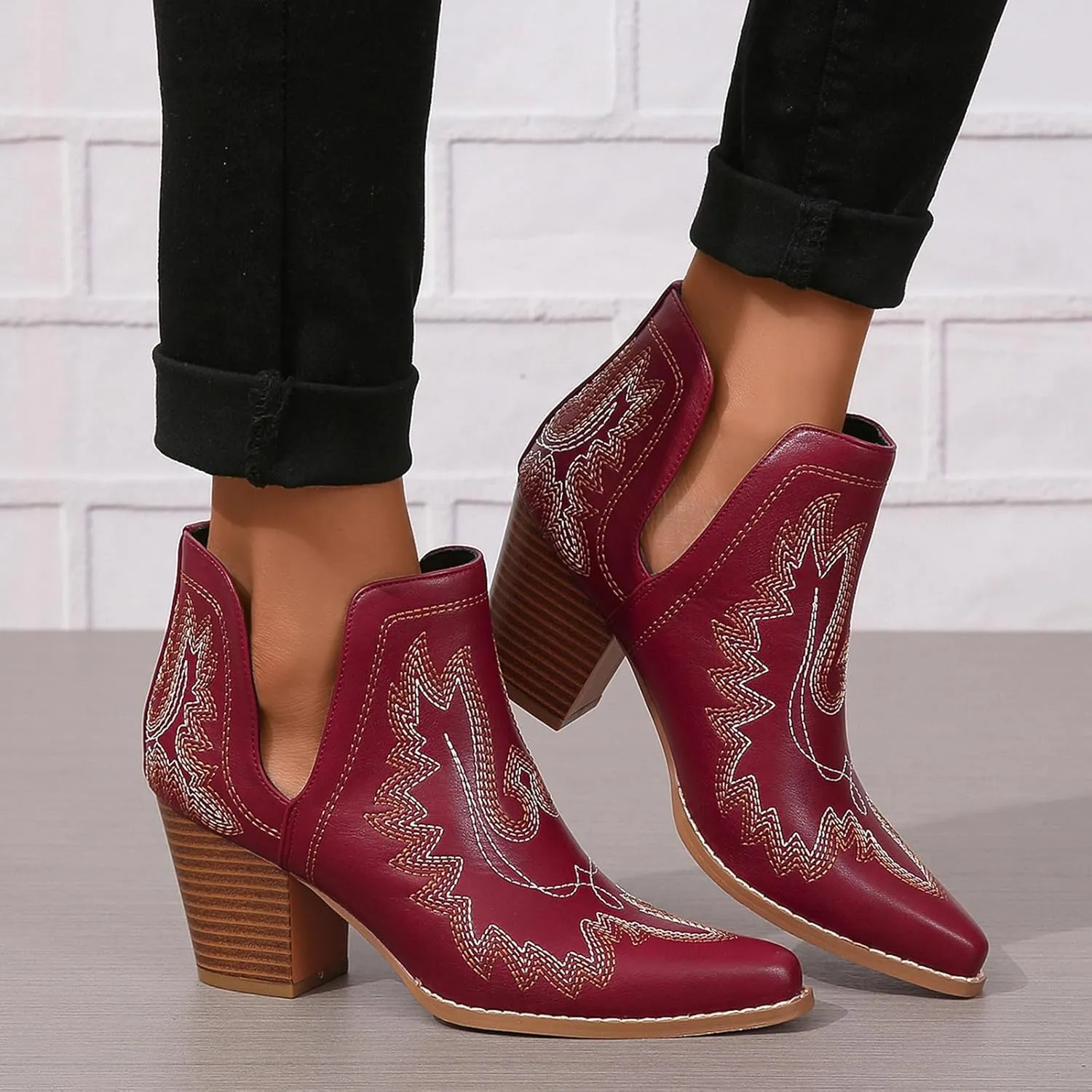 SelRoys Cowboy Boots for Women Cowgirl Ankle Western Embroidered Stitched Pointed Toe Cutout Chunky Heels Short Booties Red Brown Black US5-11