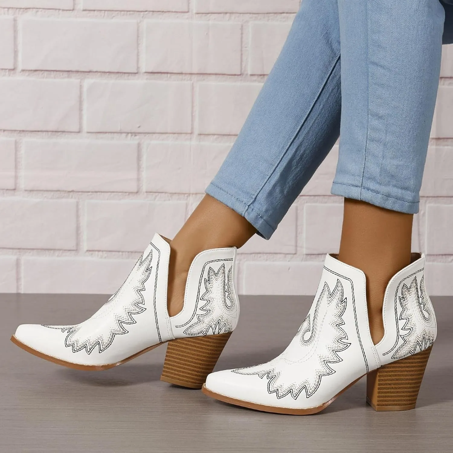 SelRoys Cowboy Boots for Women Cowgirl Ankle Western Embroidered Stitched Pointed Toe Cutout Chunky Heels Short Booties Red Brown Black US5-11