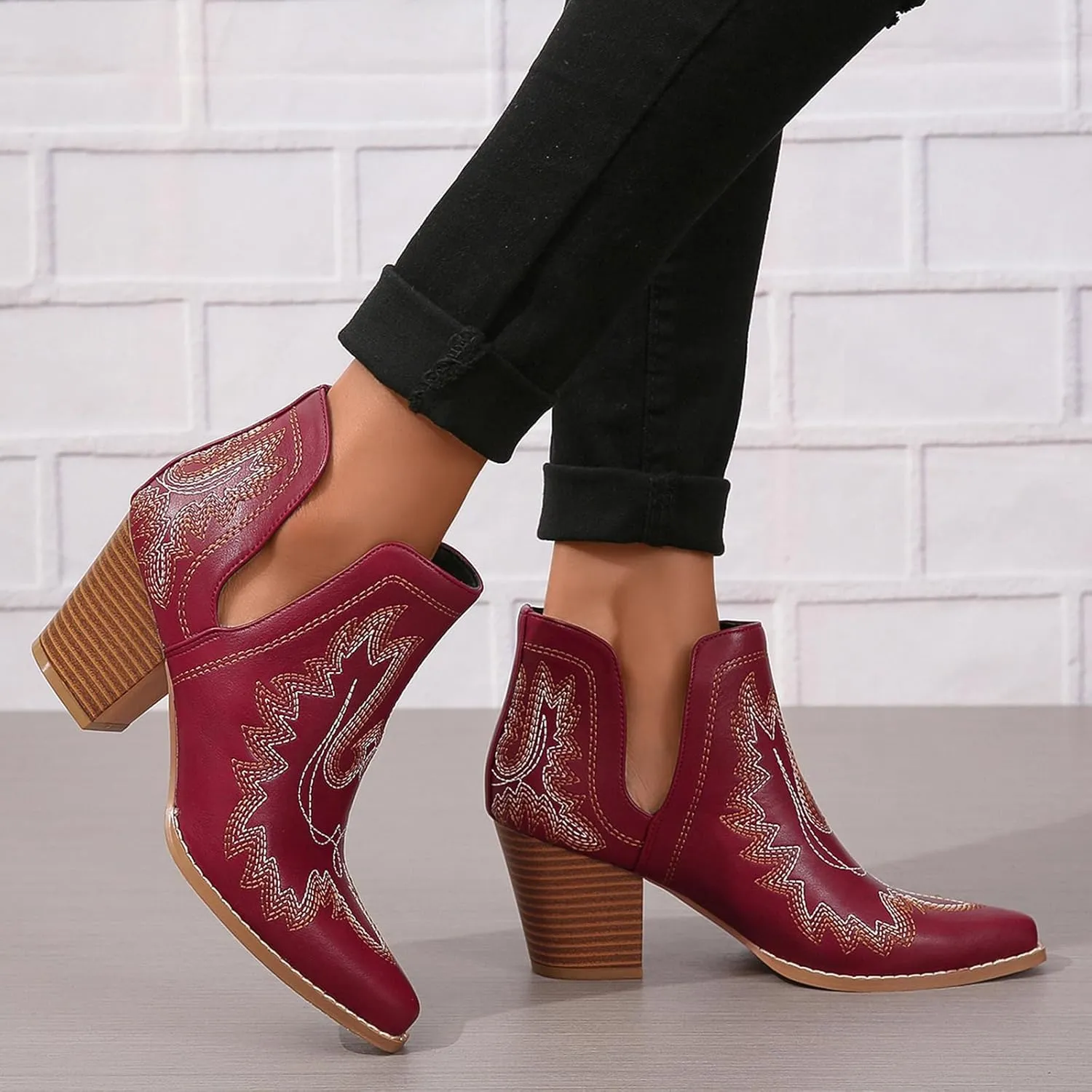 SelRoys Cowboy Boots for Women Cowgirl Ankle Western Embroidered Stitched Pointed Toe Cutout Chunky Heels Short Booties Red Brown Black US5-11