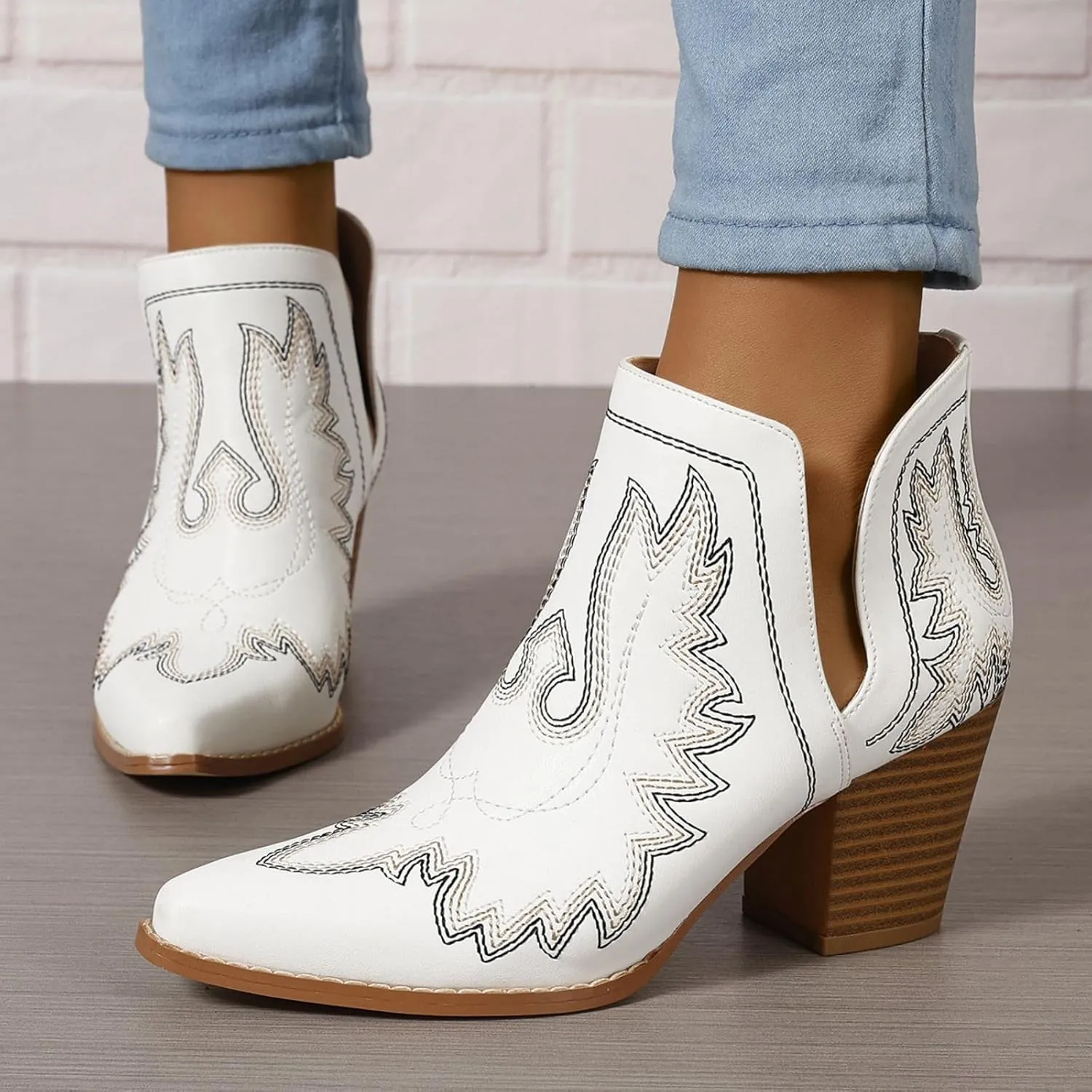 SelRoys Cowboy Boots for Women Cowgirl Ankle Western Embroidered Stitched Pointed Toe Cutout Chunky Heels Short Booties Red Brown Black US5-11