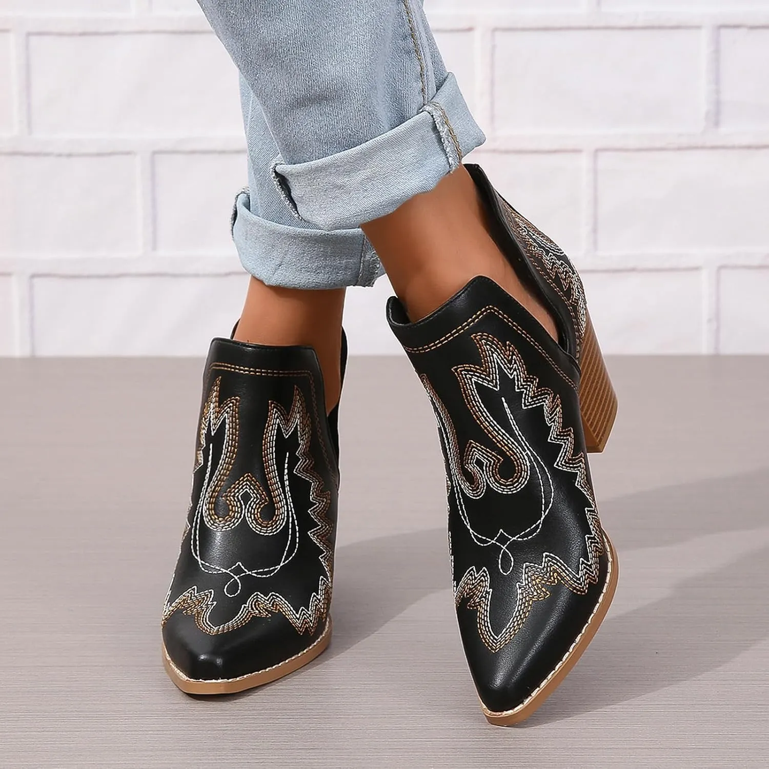 SelRoys Cowboy Boots for Women Cowgirl Ankle Western Embroidered Stitched Pointed Toe Cutout Chunky Heels Short Booties Red Brown Black US5-11