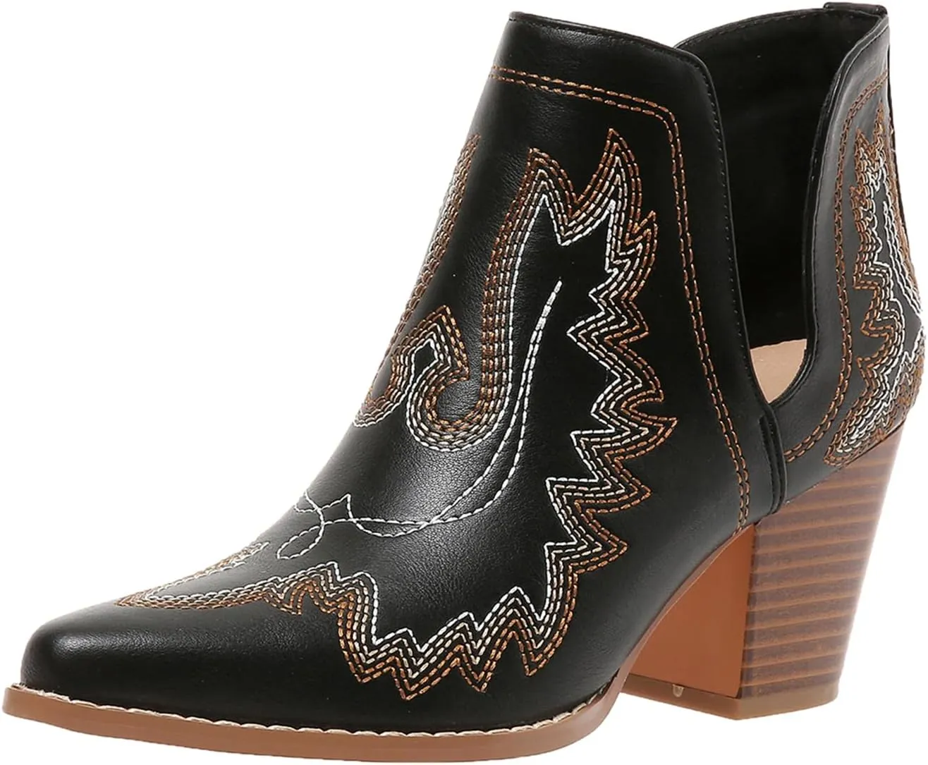SelRoys Cowboy Boots for Women Cowgirl Ankle Western Embroidered Stitched Pointed Toe Cutout Chunky Heels Short Booties Red Brown Black US5-11