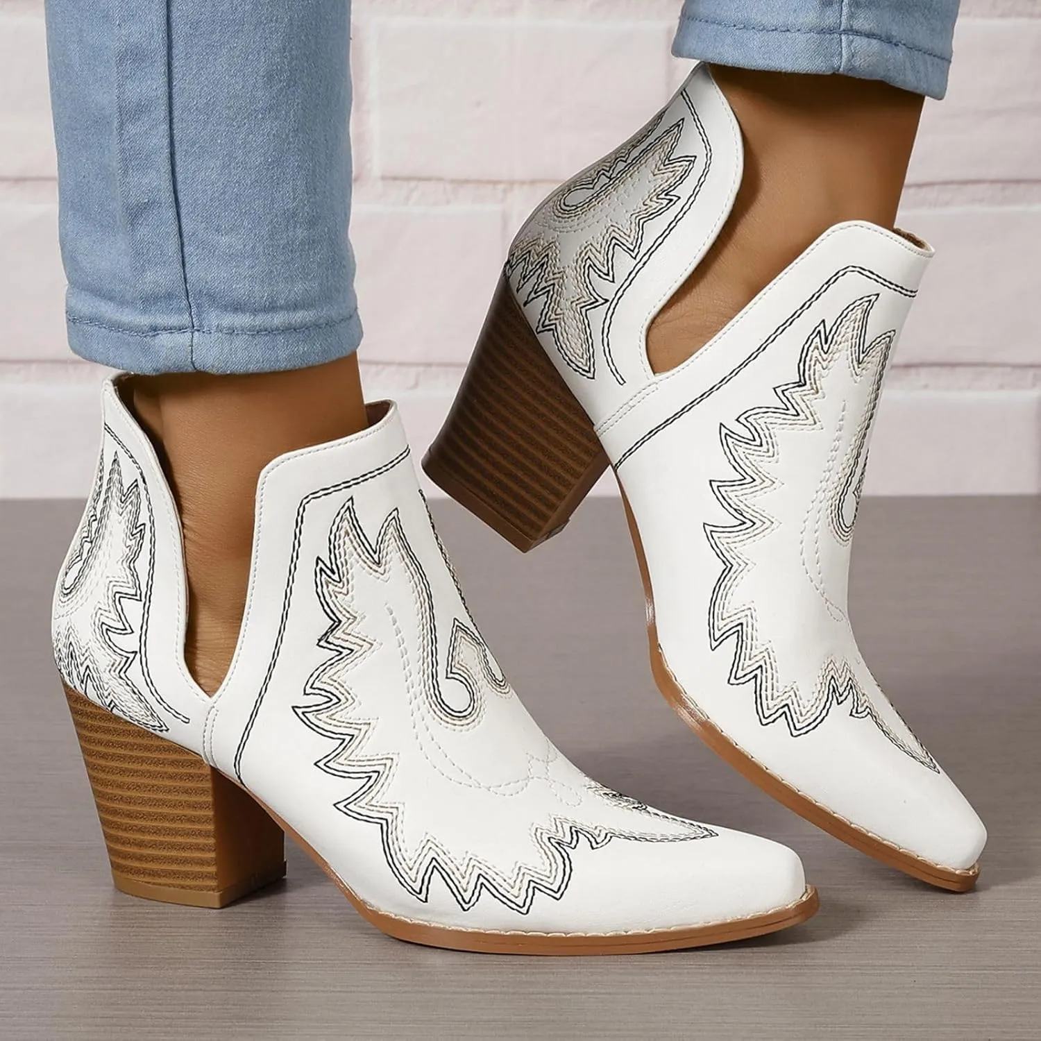 SelRoys Cowboy Boots for Women Cowgirl Ankle Western Embroidered Stitched Pointed Toe Cutout Chunky Heels Short Booties Red Brown Black US5-11