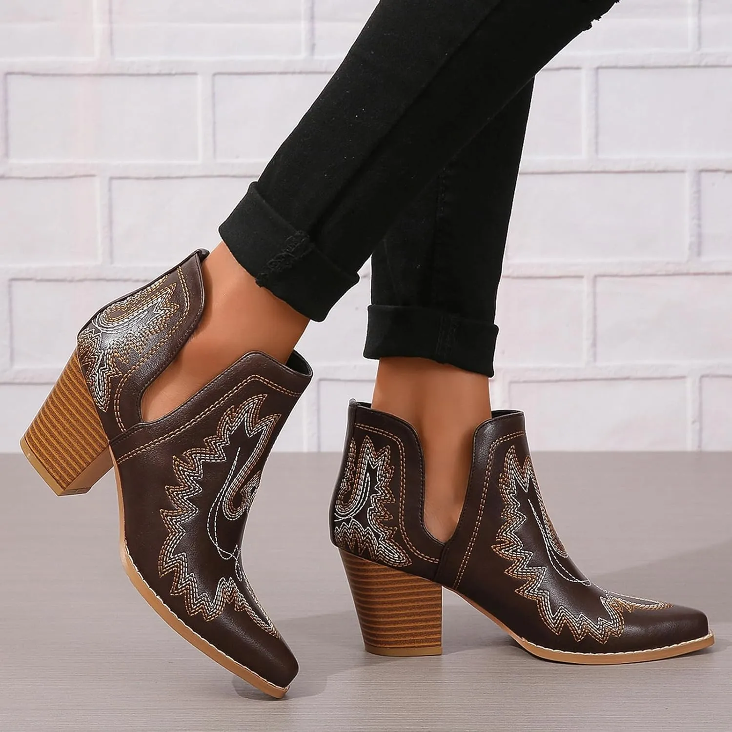 SelRoys Cowboy Boots for Women Cowgirl Ankle Western Embroidered Stitched Pointed Toe Cutout Chunky Heels Short Booties Red Brown Black US5-11
