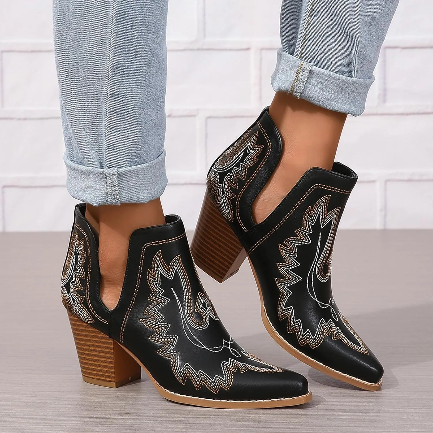 SelRoys Cowboy Boots for Women Cowgirl Ankle Western Embroidered Stitched Pointed Toe Cutout Chunky Heels Short Booties Red Brown Black US5-11