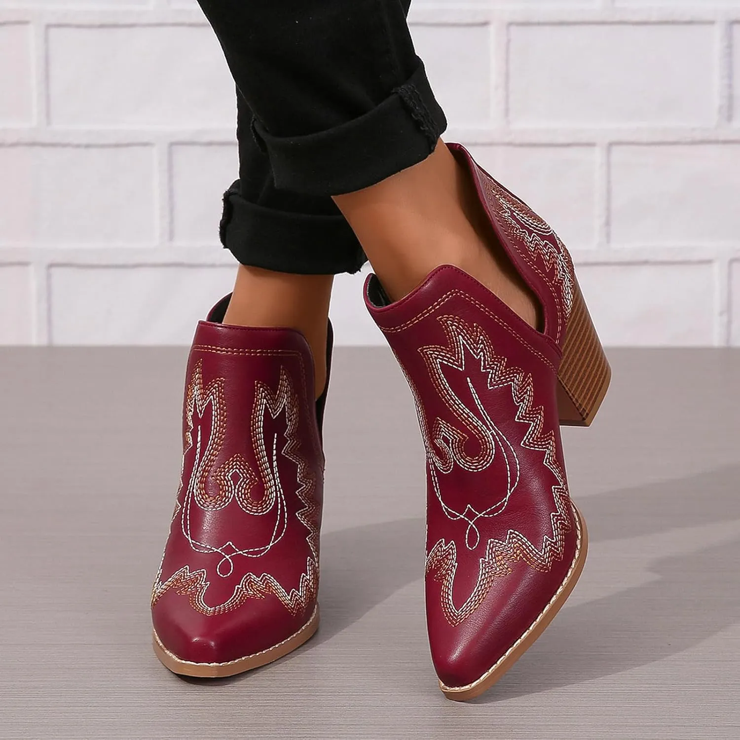 SelRoys Cowboy Boots for Women Cowgirl Ankle Western Embroidered Stitched Pointed Toe Cutout Chunky Heels Short Booties Red Brown Black US5-11