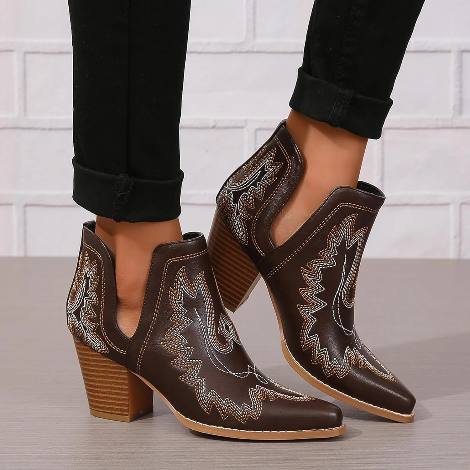 SelRoys Cowboy Boots for Women Cowgirl Ankle Western Embroidered Stitched Pointed Toe Cutout Chunky Heels Short Booties Red Brown Black US5-11